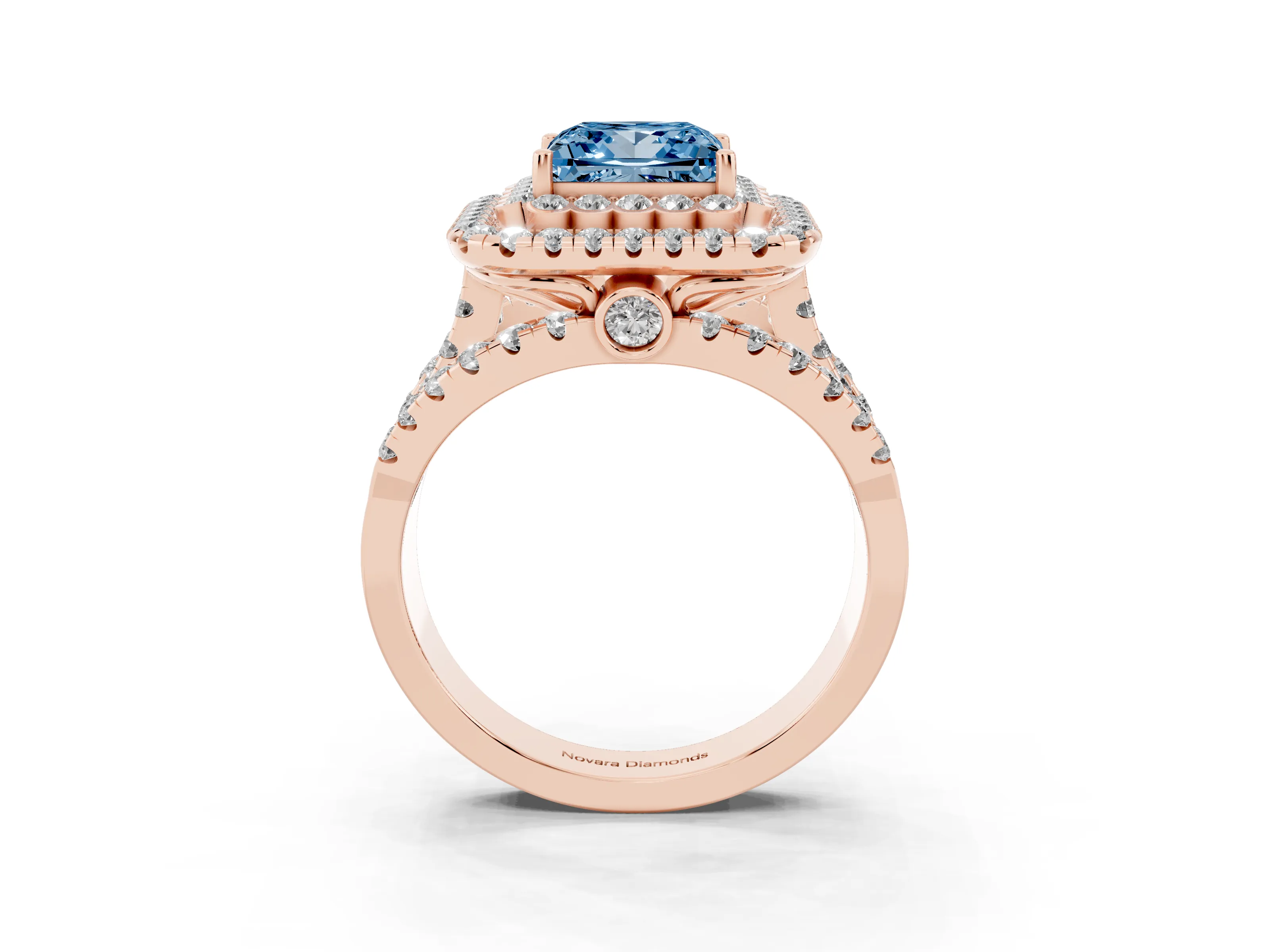 Fancy Blue Princess Cut Diamond Double Halo Ring Set in Rose gold with Round Pavé Split Shank