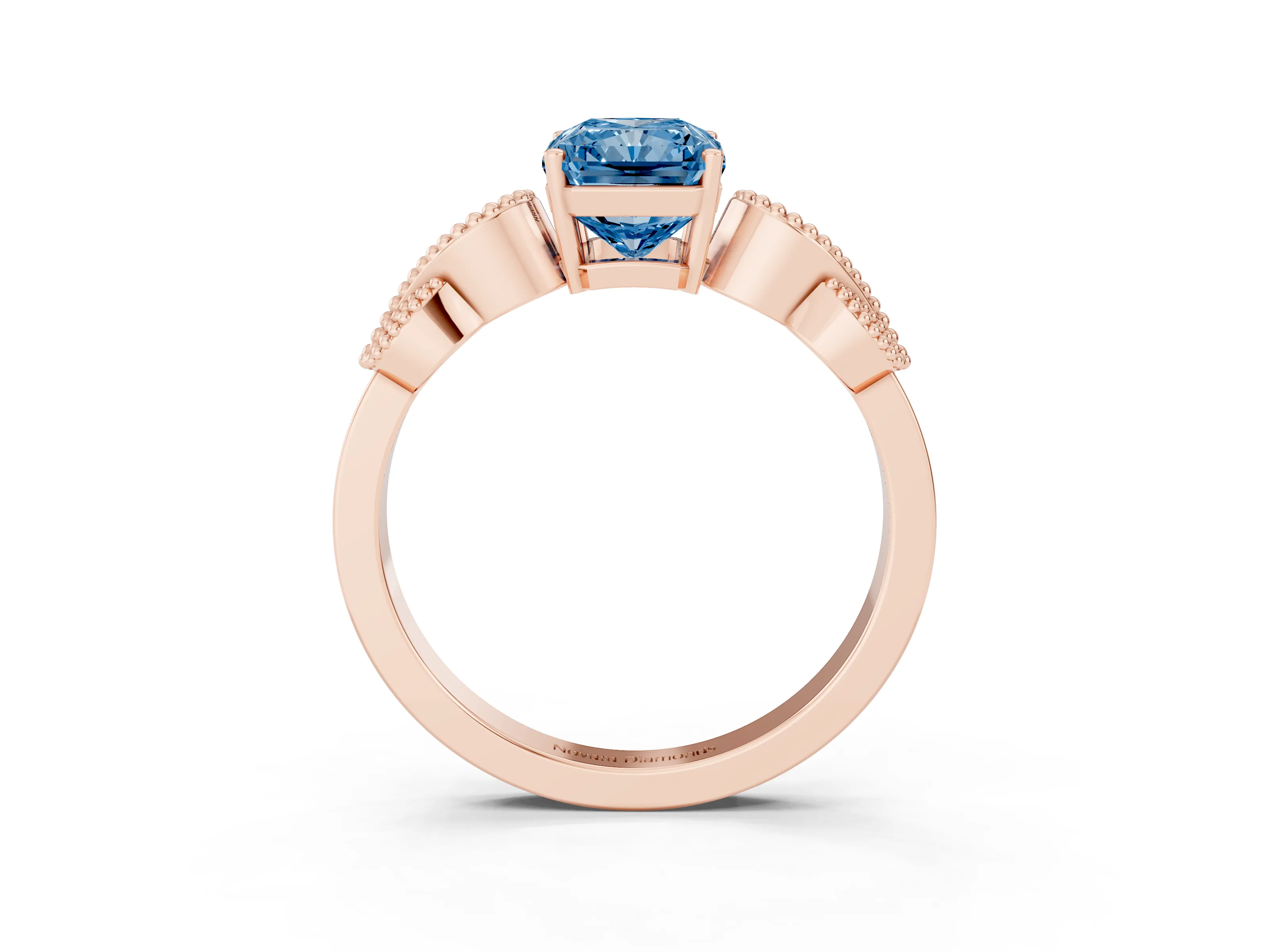 Fancy Blue Princess Cut Diamond Milgrain Leaf Band Solitaire Ring Set in Rose gold with Accent Stones and Prong Setting