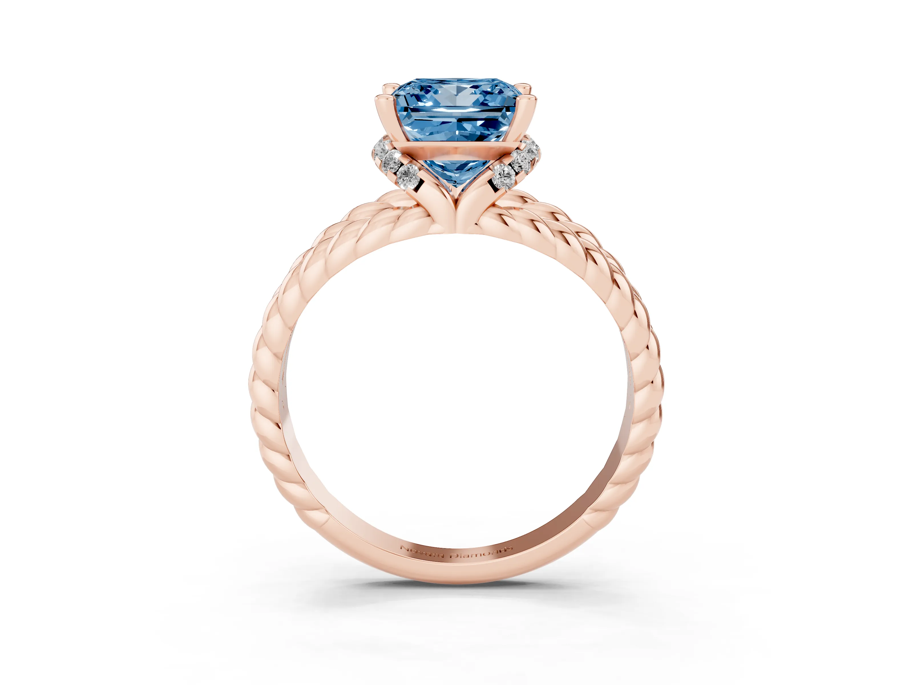 Fancy Blue Princess Cut Diamond Halo Ring Set in Rose gold with Twisted Band and Prong Setting