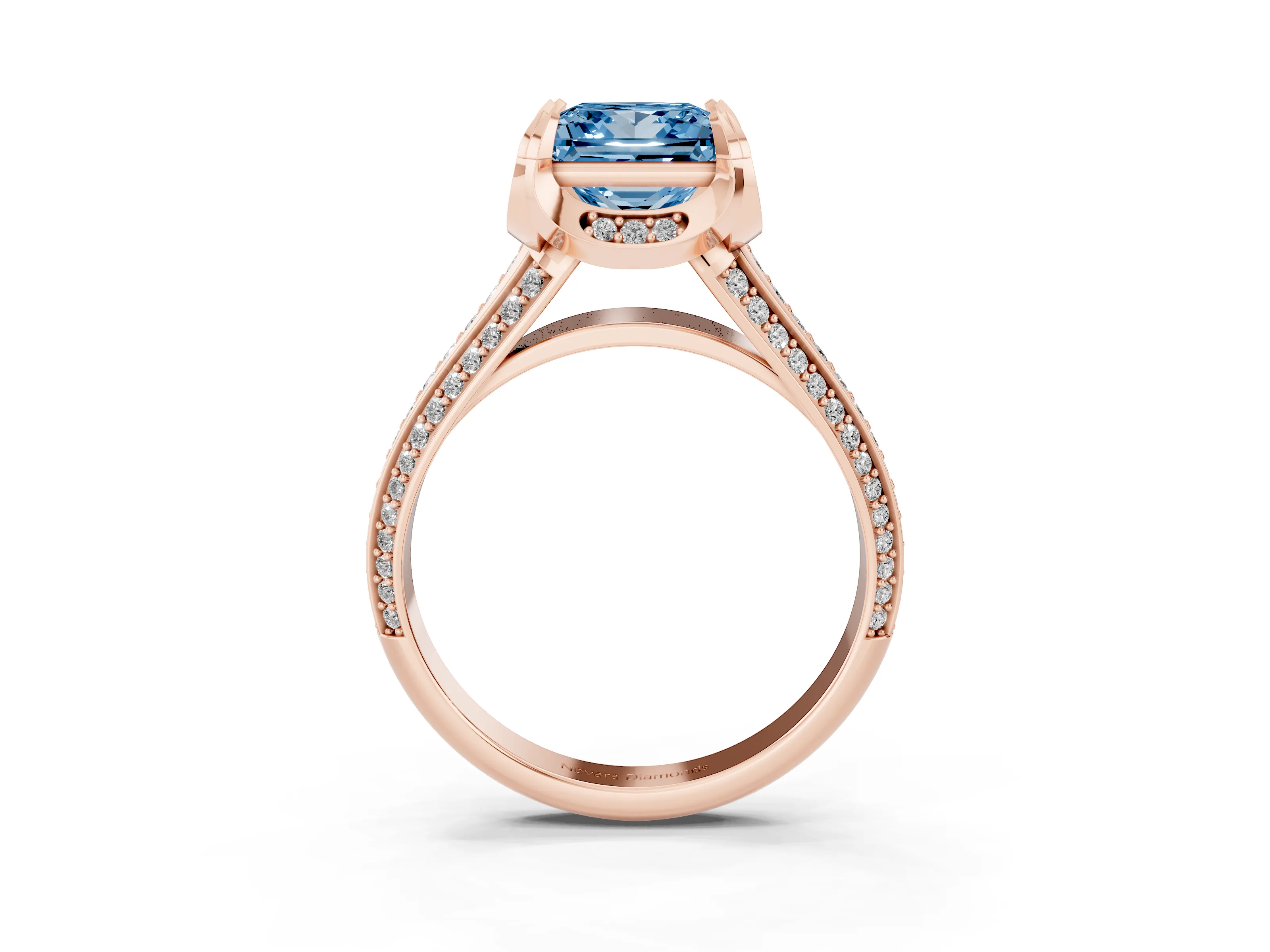 Fancy Blue Princess Cut Diamond Pavé Split Shank Solitaire Ring Set in Rose gold with Prong Setting