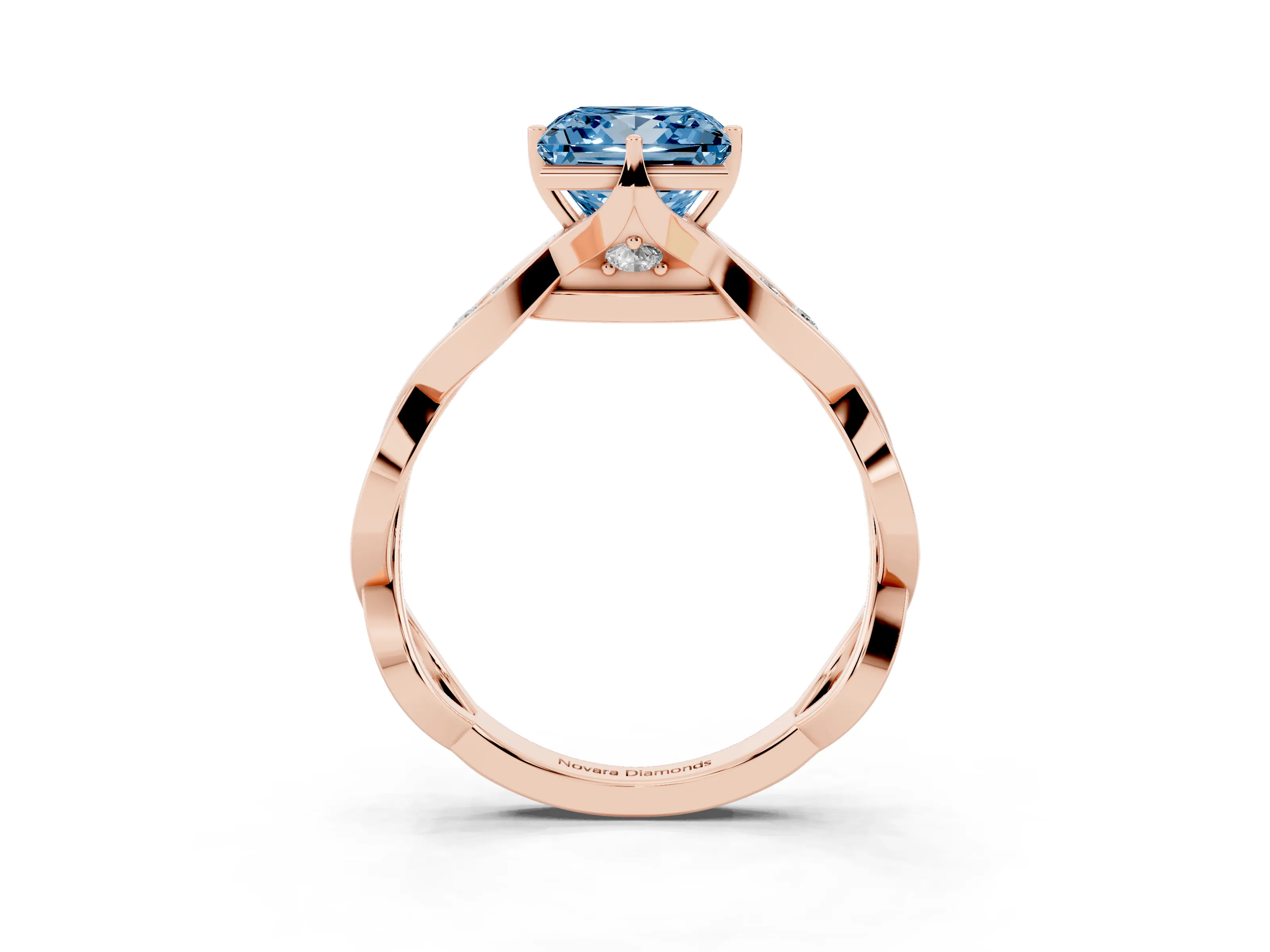 Fancy Blue Princess Cut Diamond Twist Band Solitaire Ring Set in Rose gold with Leaf Prong Setting and Accent Stones