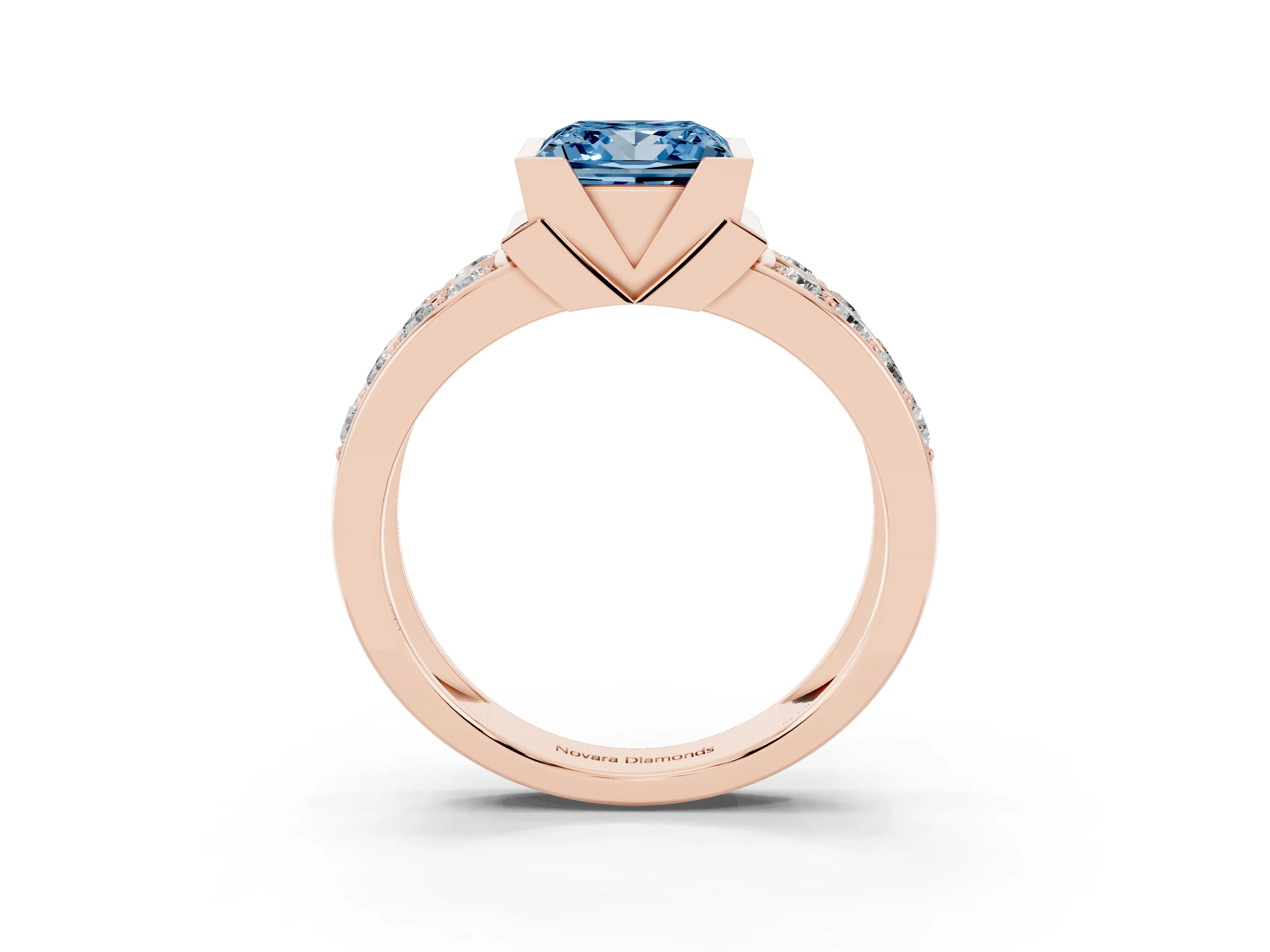 Fancy Blue Princess Cut Diamond Wide Channel Set Band Ring Set in Rose gold with Bezel Setting