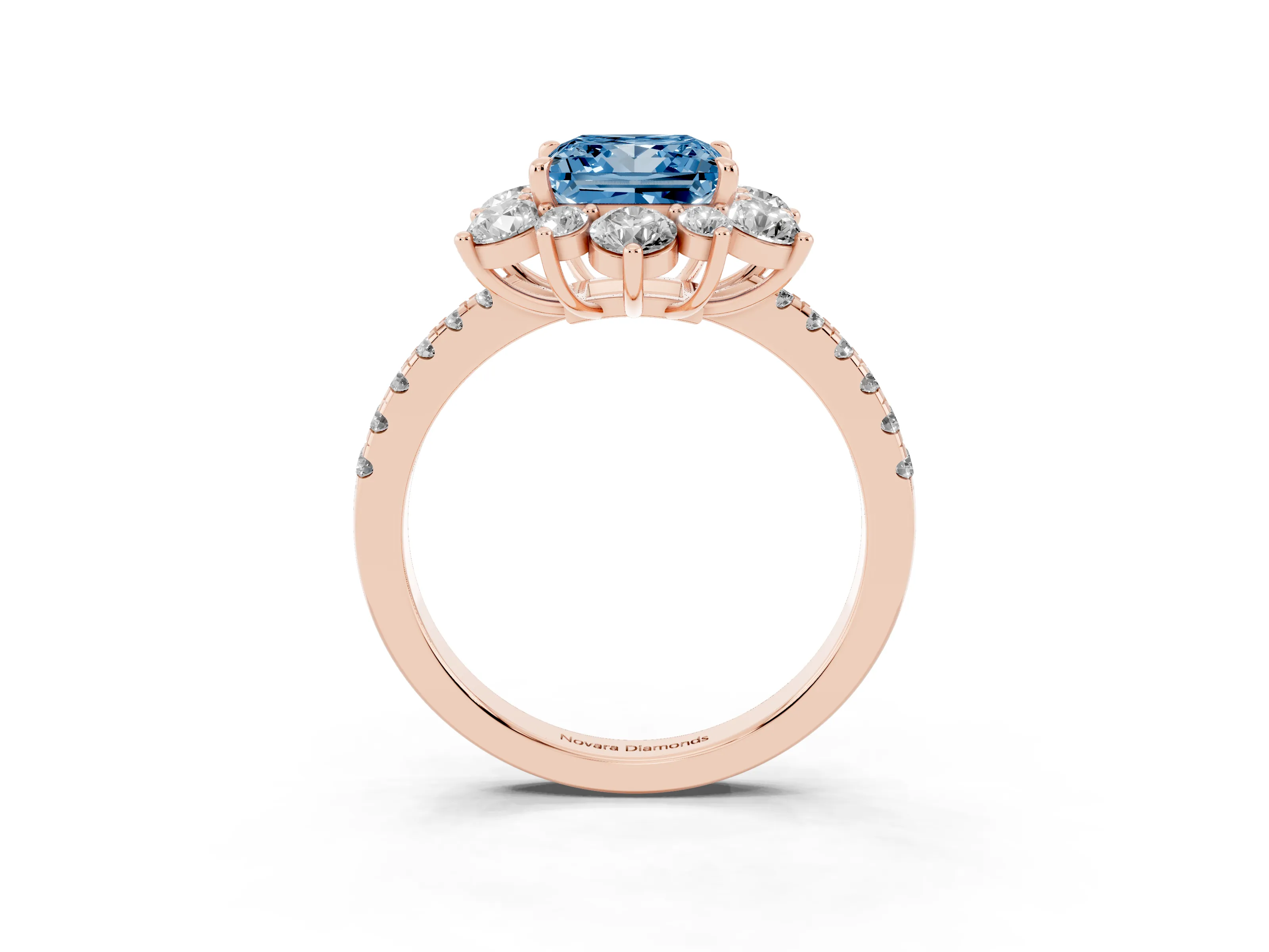 Fancy Blue Princess Cut Diamond Floral Halo Ring Set in Rose gold with Round Pavé Band and Prong Setting