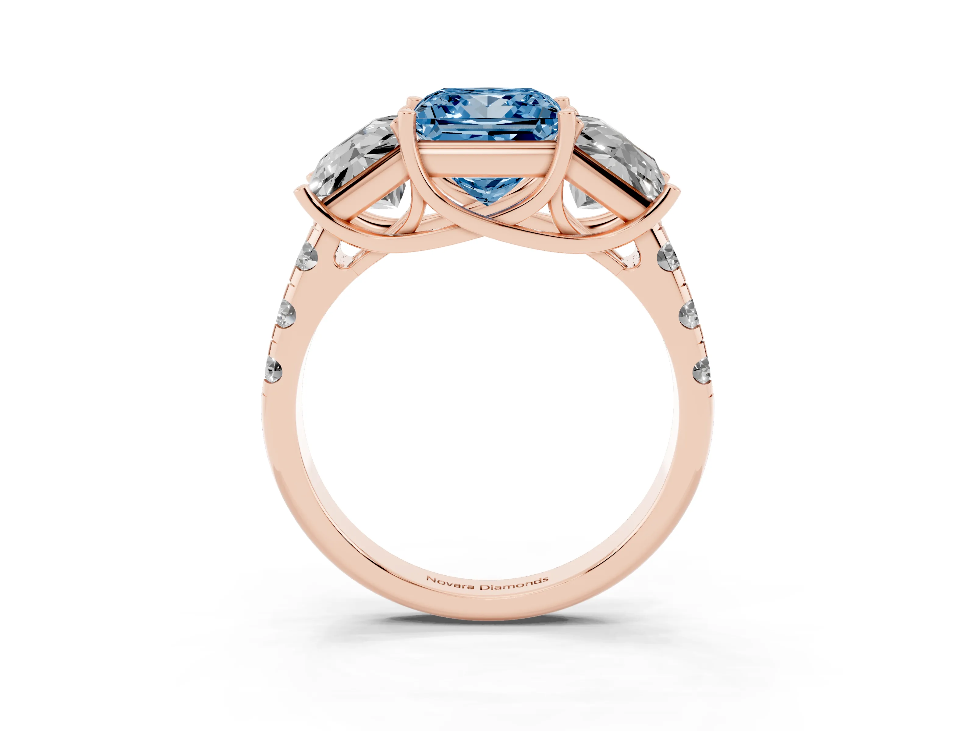 Fancy Blue Princess Cut Diamond Three-Stone Ring Set in Rose gold with Pavé Band