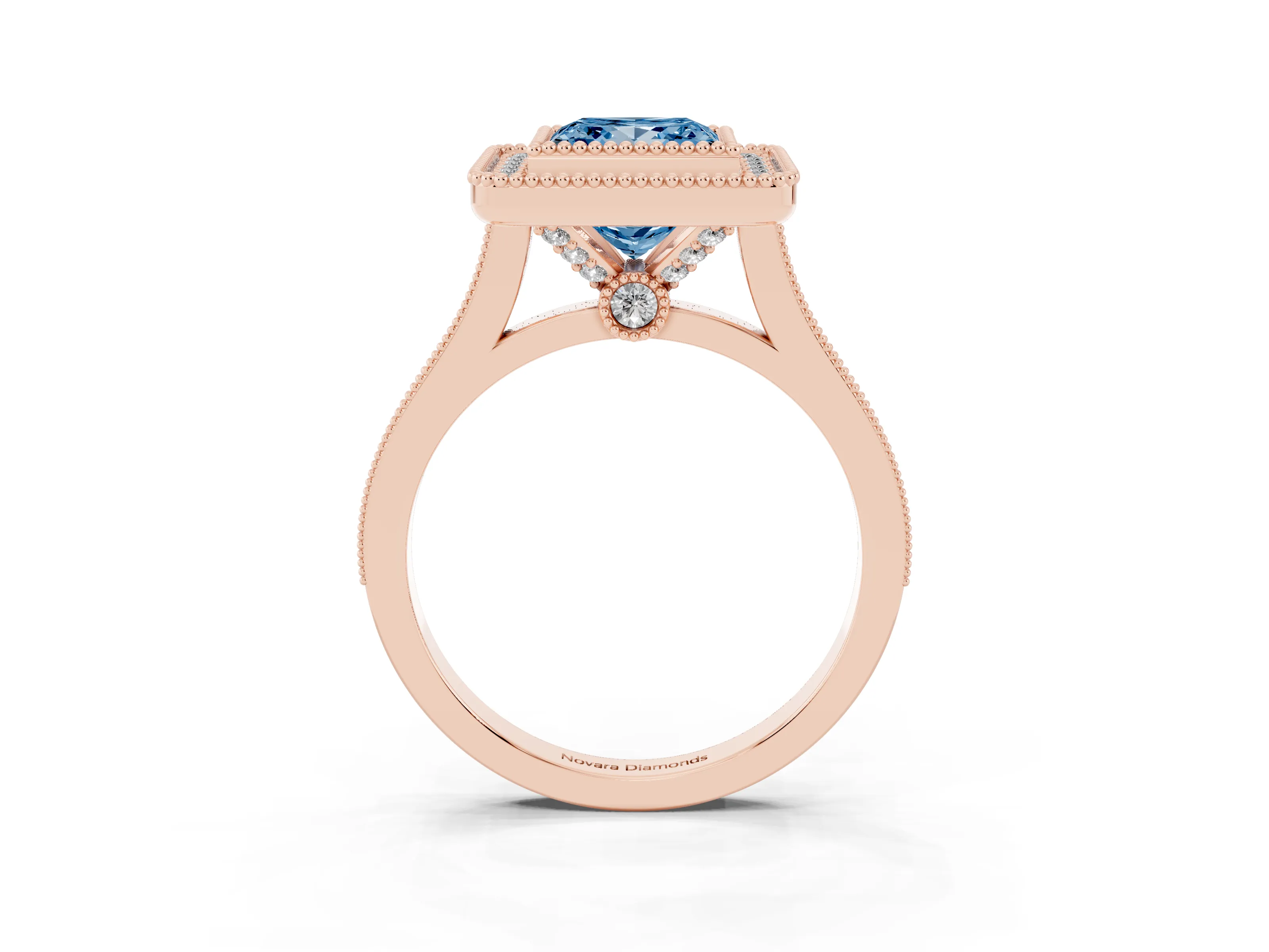 Fancy Blue Princess Cut Diamond Halo Ring Set in Rose gold with Milgrain Frame and Pavé Band