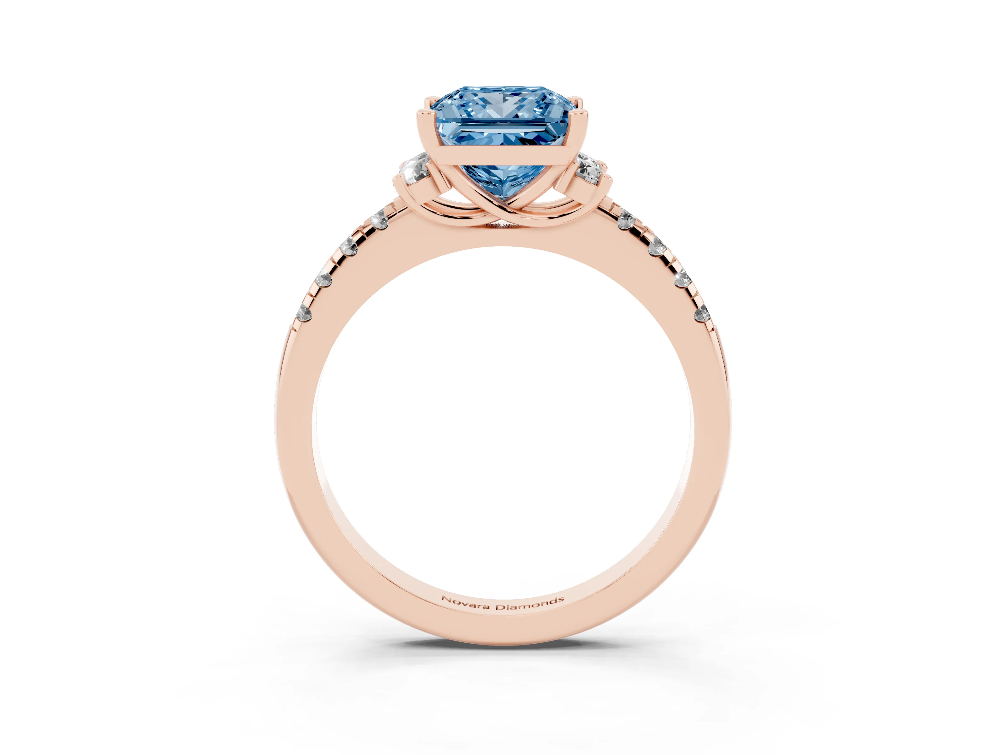 Fancy Blue Princess Cut Diamond Three-Stone Pavé Ring Set in Rose gold with Prong Setting