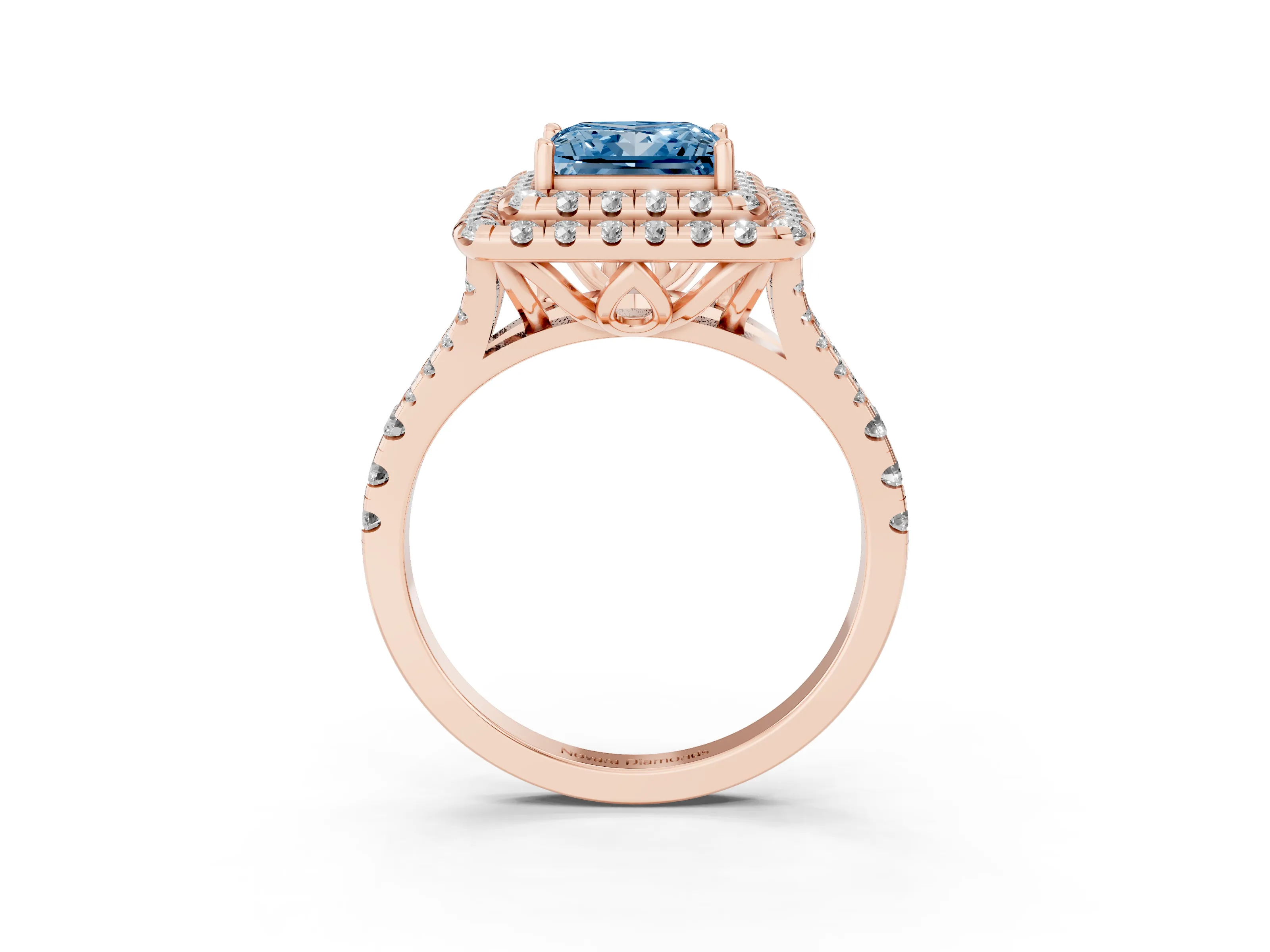 Fancy Blue Princess Cut Diamond Double Halo Ring Set in Rose gold with Pavé Split Shank and Prong Setting