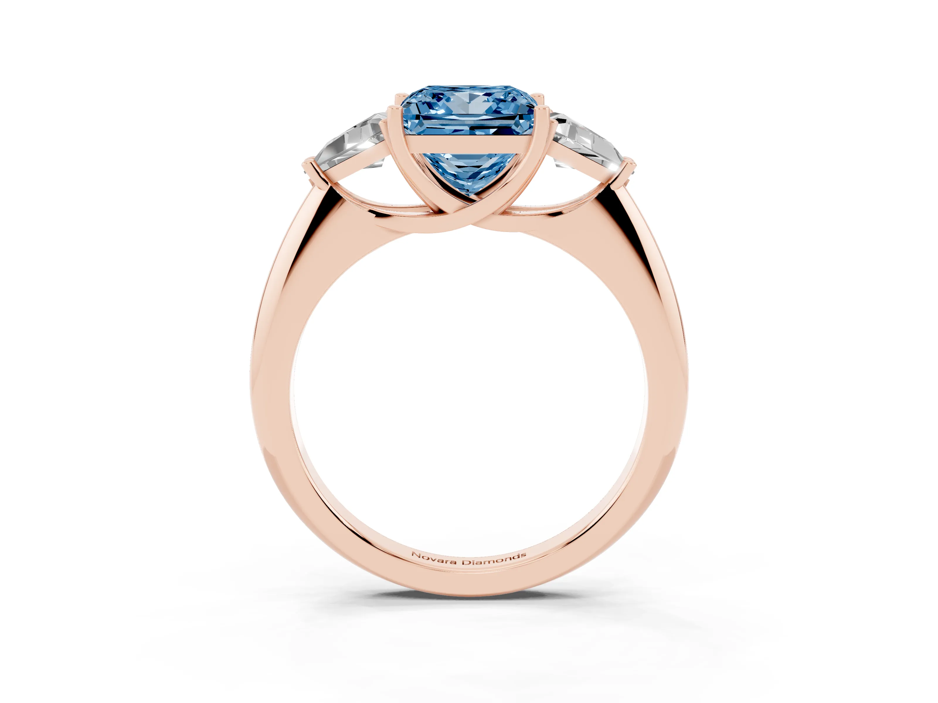 Fancy Blue Princess Cut Diamond Three-Stone Engagement Ring Set in Rose gold with Trillion Side Stones