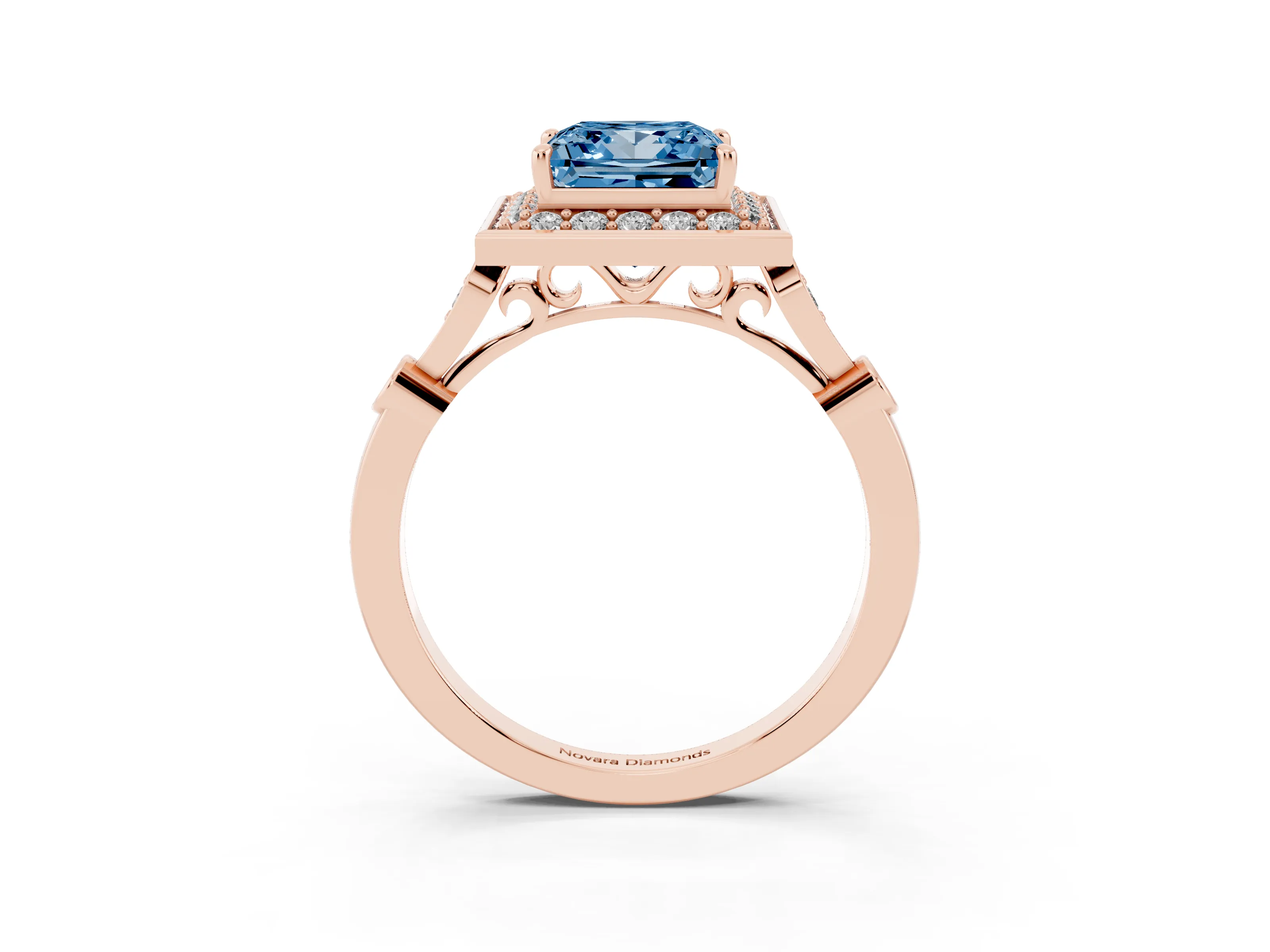 Fancy Blue Princess Cut Diamond Halo Engagement Ring Set in Rose gold with Twisted Band and Prong Setting