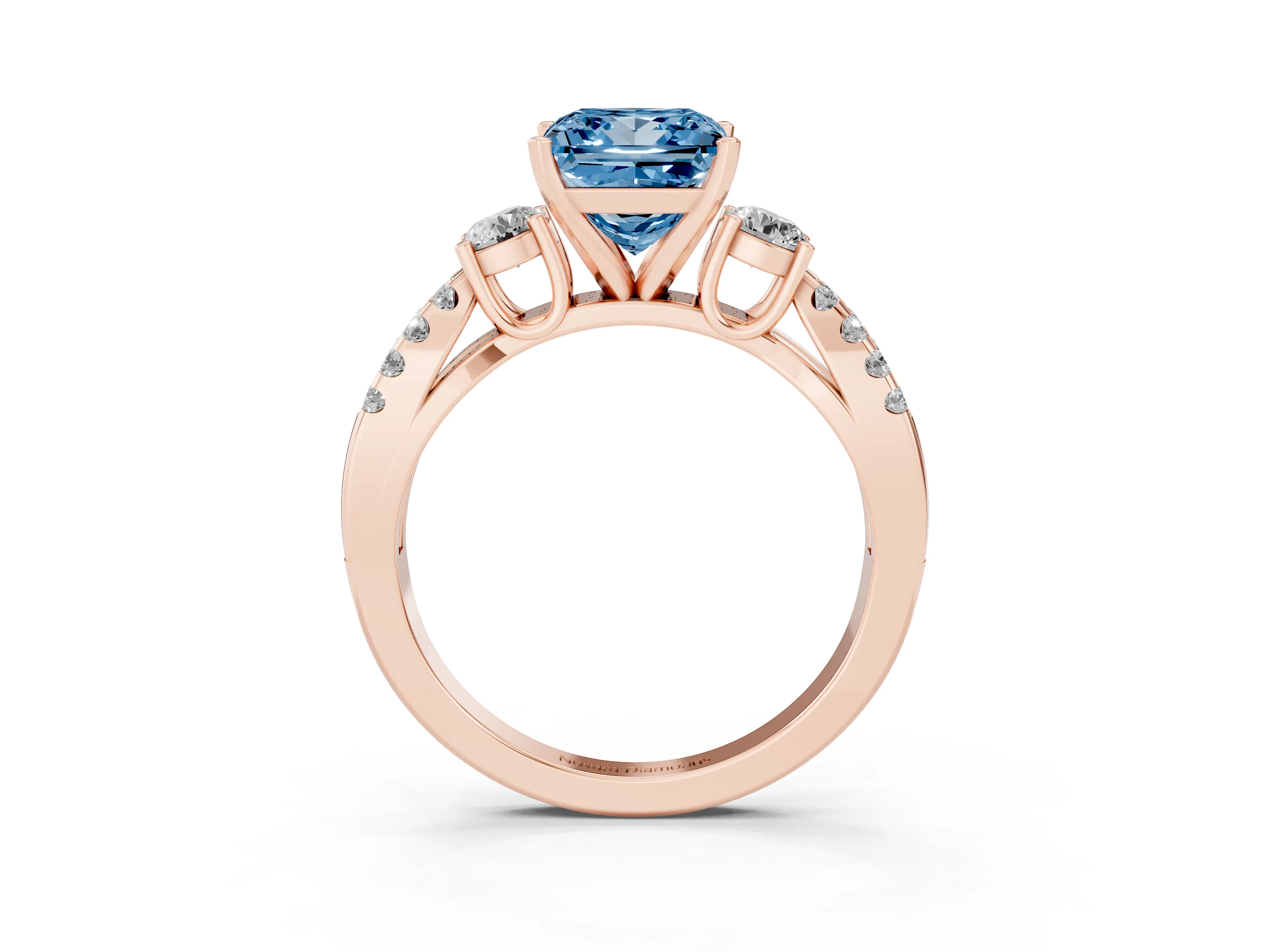 Fancy Blue Princess Cut Diamond Three-Stone Ring Set in Rose gold with Pavé Split Shank and Prong Setting