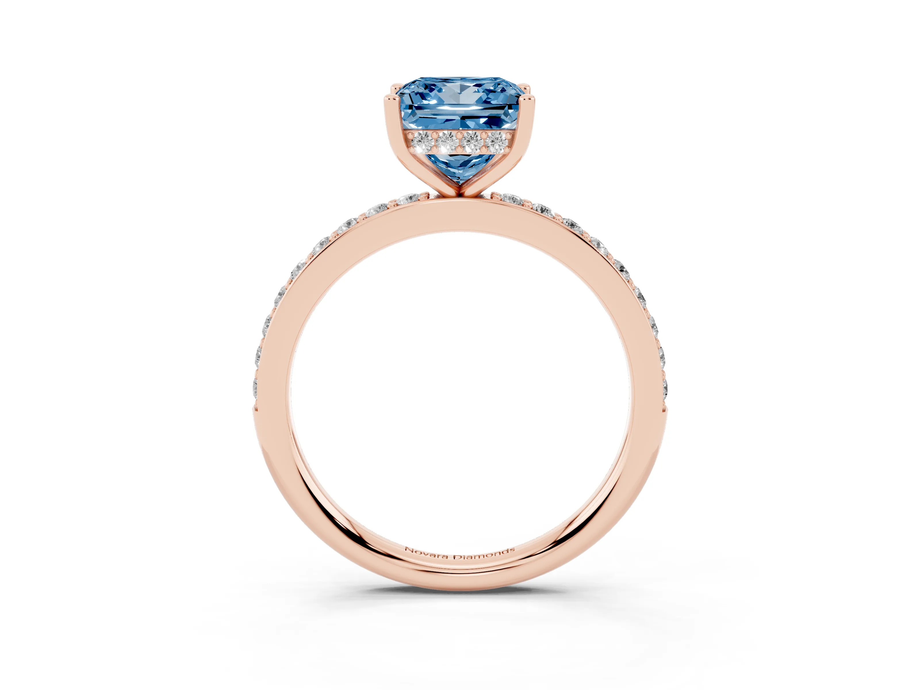 Fancy Blue Princess Cut Diamond Pavé Band Ring Set in Rose gold with Prong-Set Center Stone