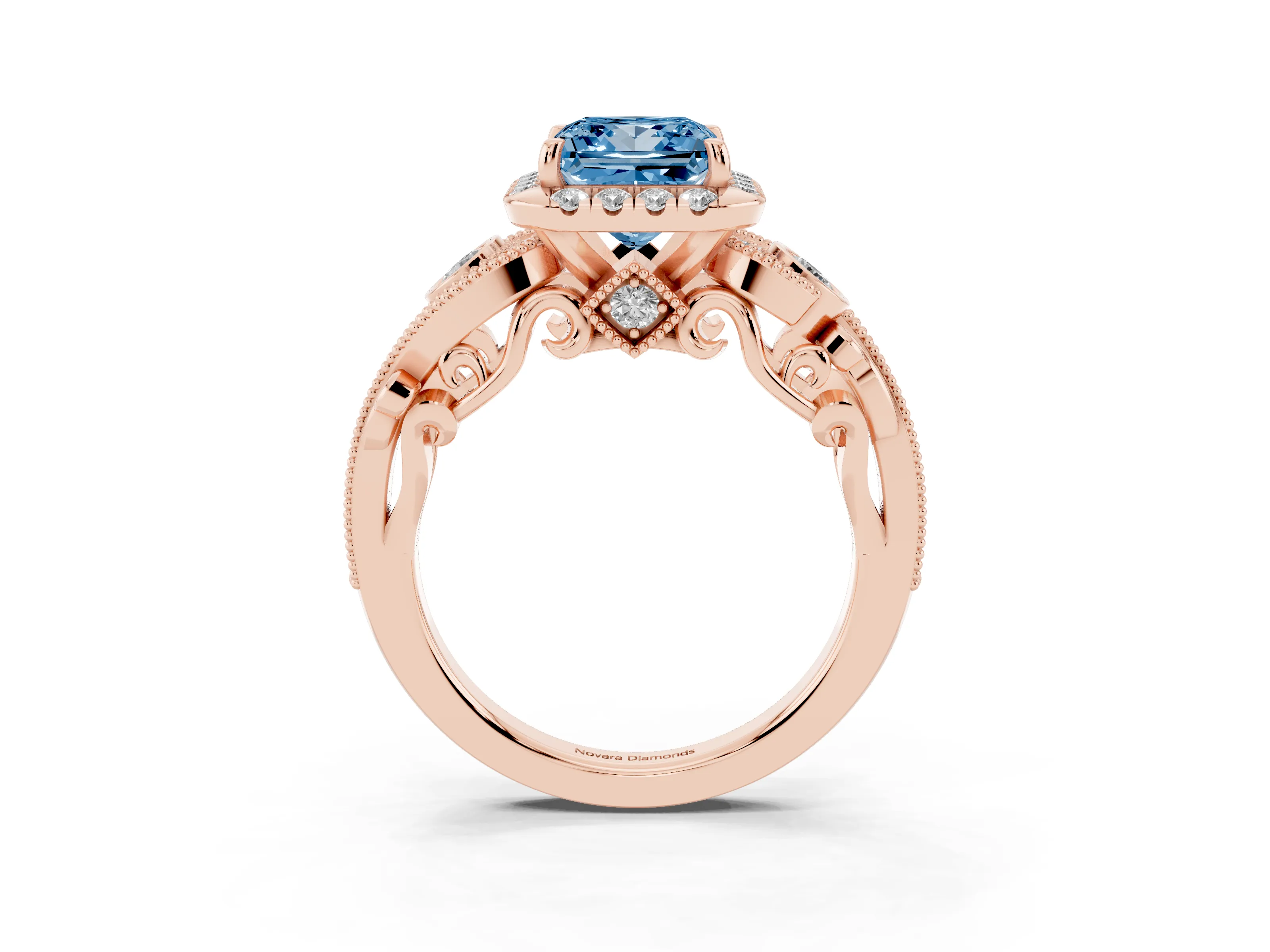 Fancy Blue Princess Cut Diamond Halo Ring Set in Rose gold with Milgrain Pavé Band and Prong Setting