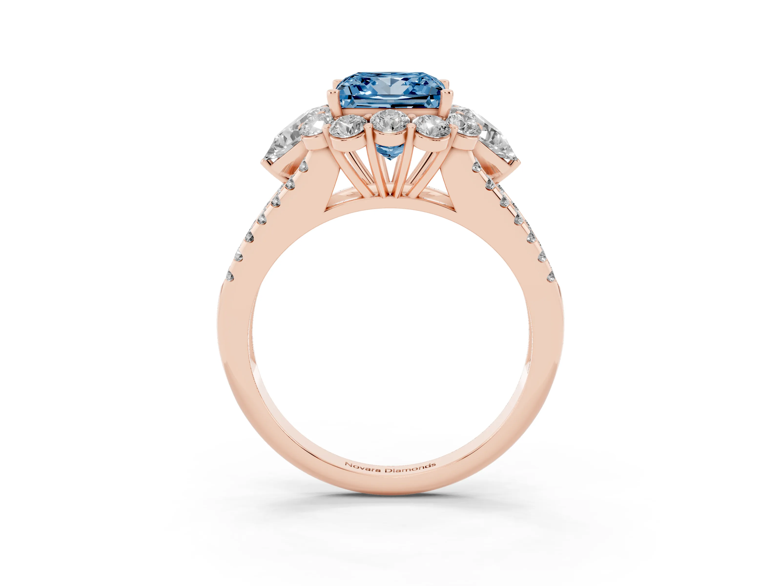 Fancy Blue Princess Cut Diamond Halo Split Shank Engagement Ring Set in Rose gold with Prong-Held Center Stone