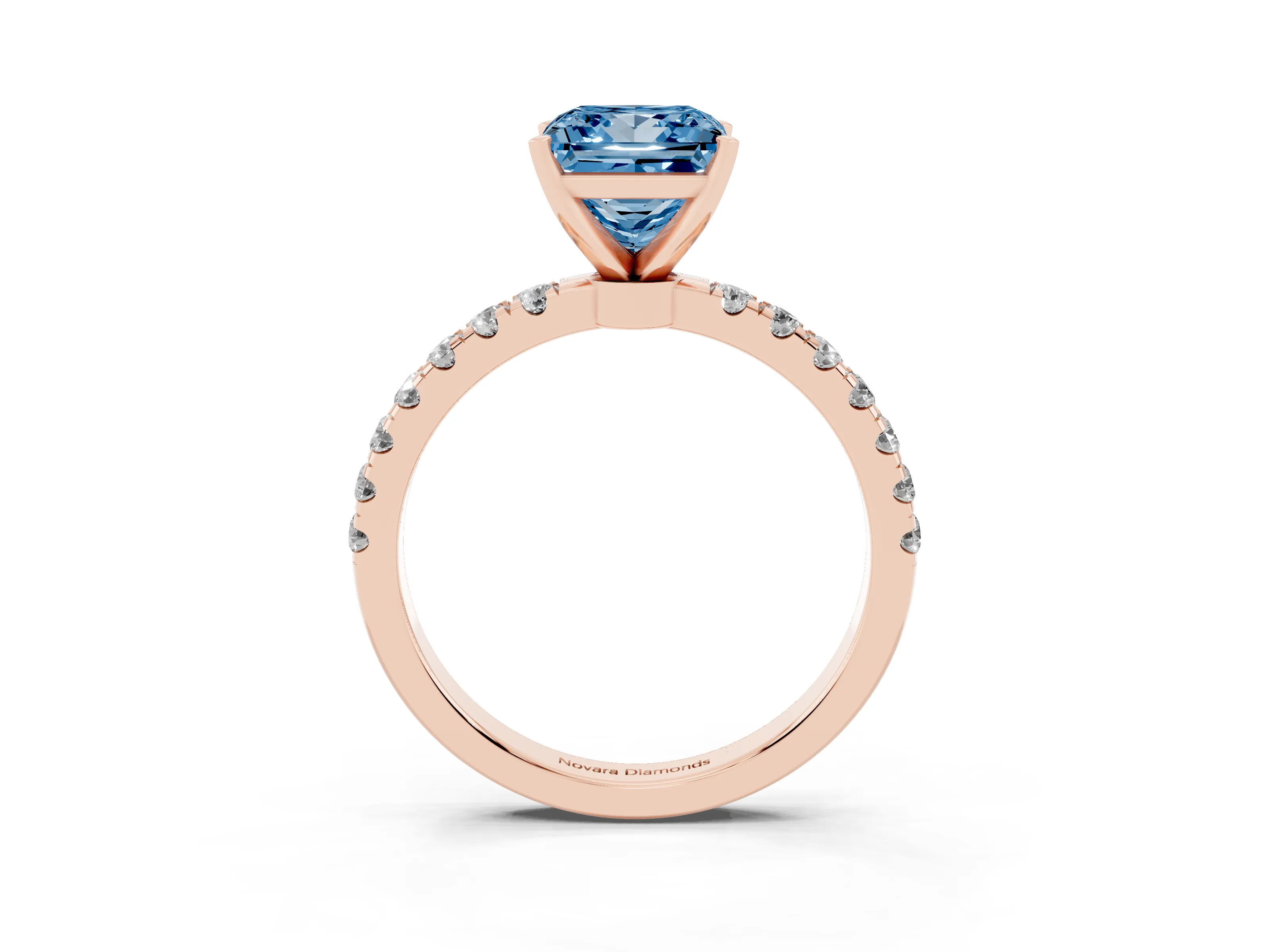 Fancy Blue Princess Cut Diamond Solitaire Ring Set in Rose gold with Pavé Accents and Prong Setting