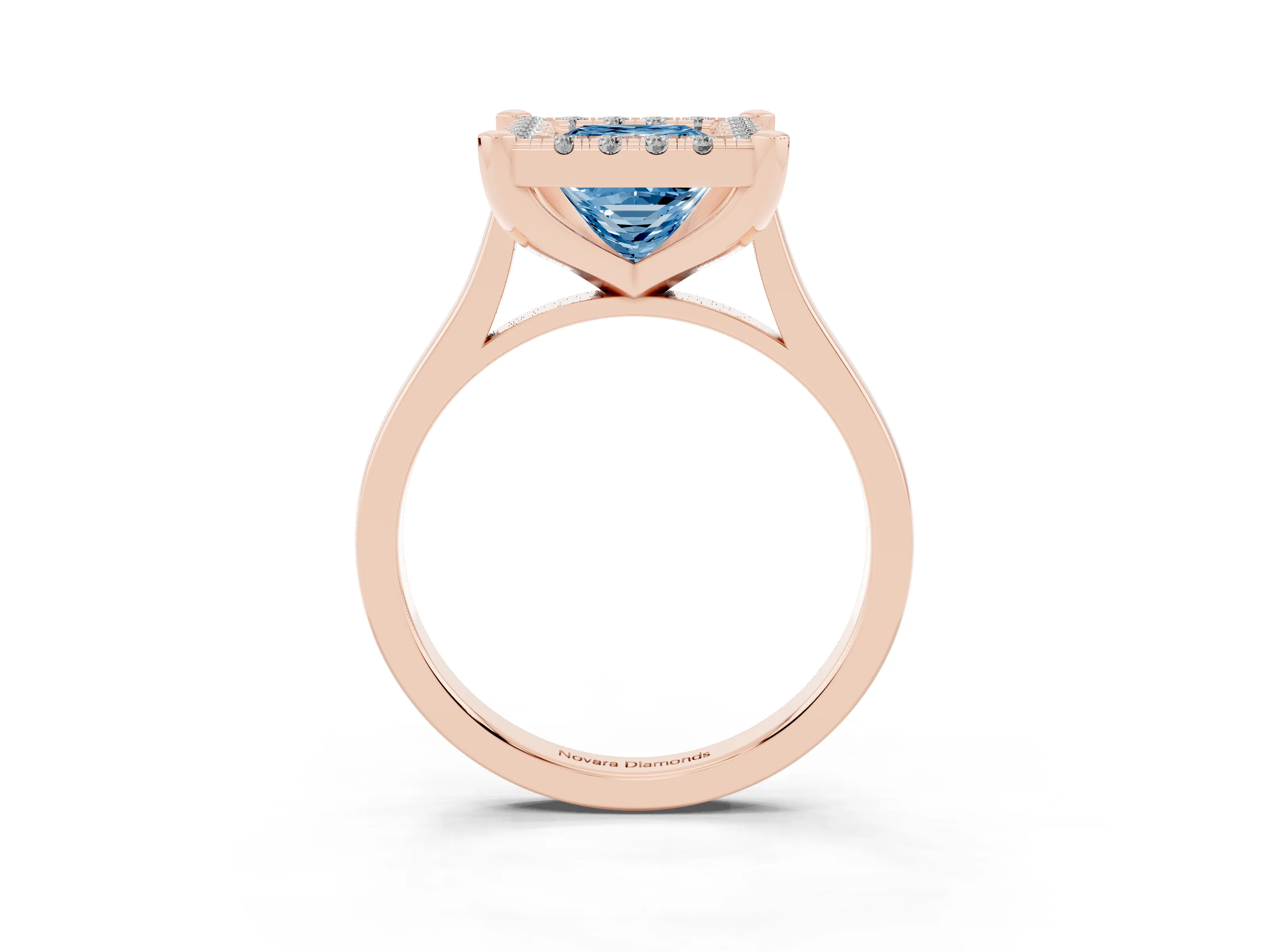 Fancy Blue Princess Cut Diamond Cluster Halo Solitaire Ring Set in Rose gold with Prong Setting