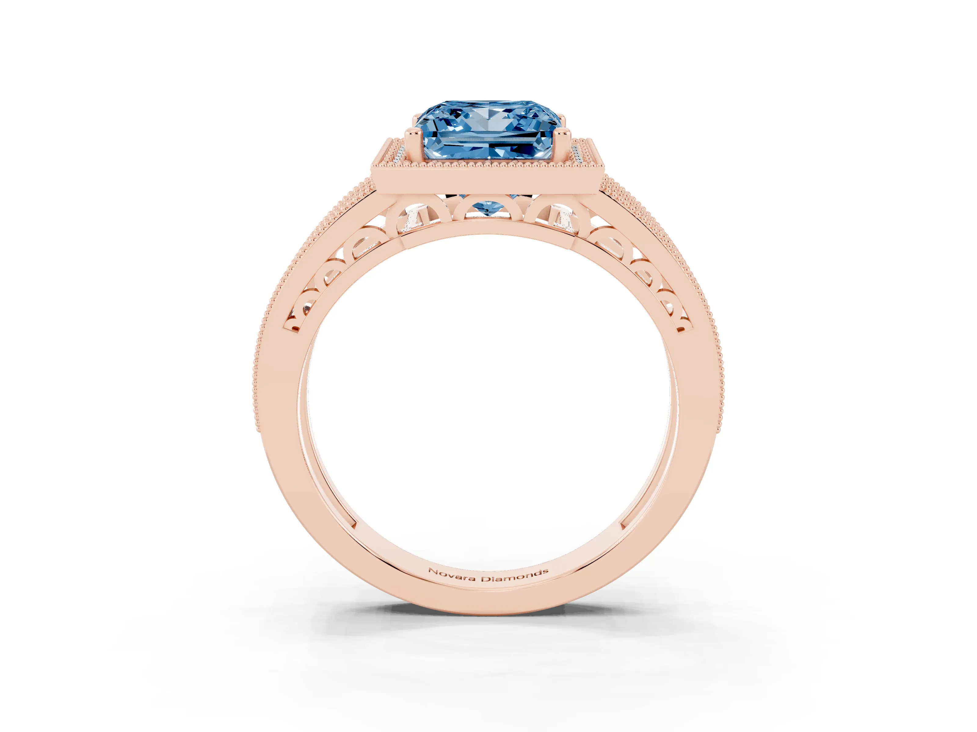 Fancy Blue Princess Cut Diamond Halo Ring Set in Rose gold with Accent Split Shank and Prong Setting