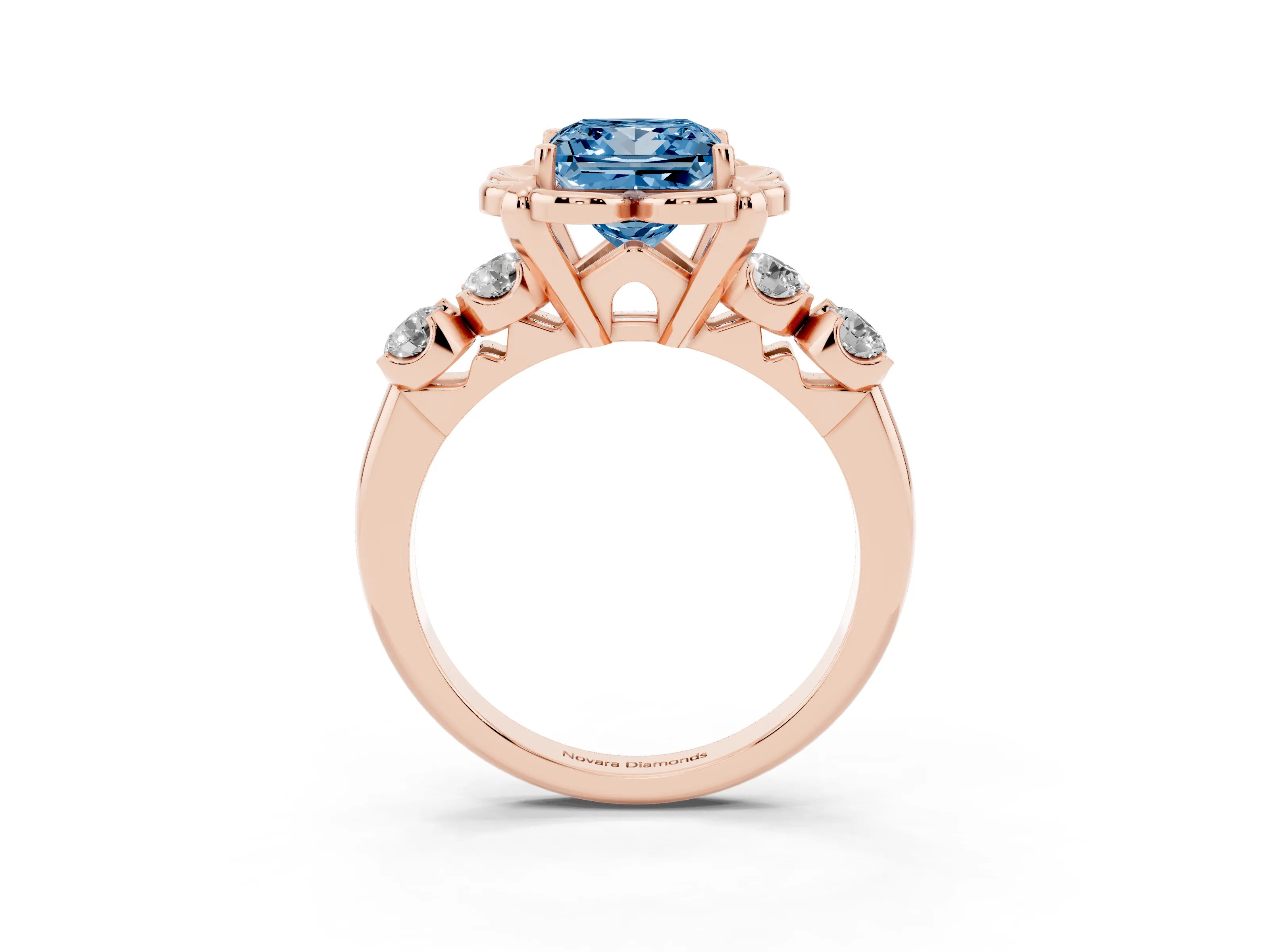 Fancy Blue Princess Cut Diamond Floral Halo Ring Set in Rose gold with Shared Prong Band