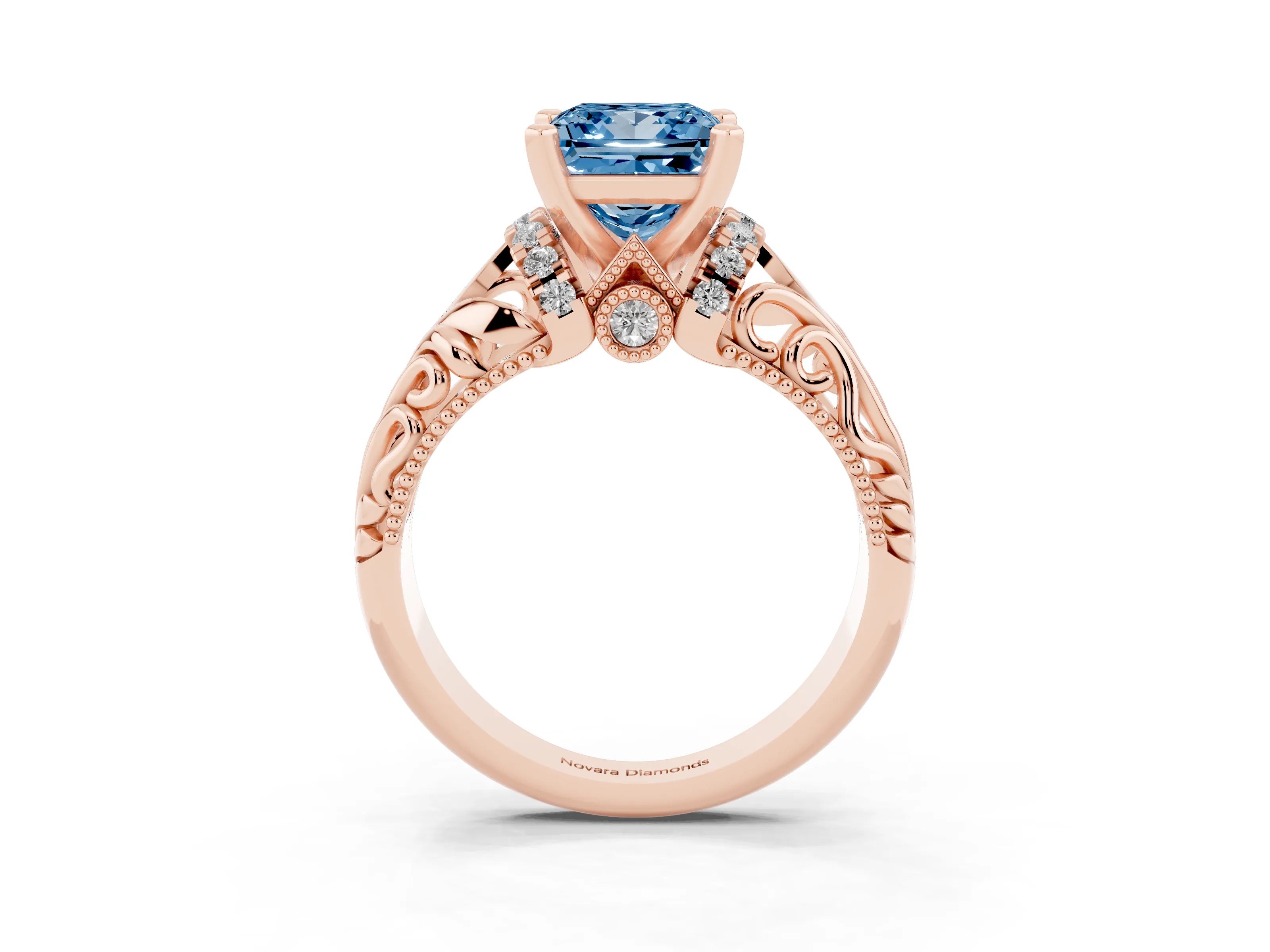 Fancy Blue Princess Cut Diamond Filigree Halo Engagement Ring Set in Rose gold with Prong Setting
