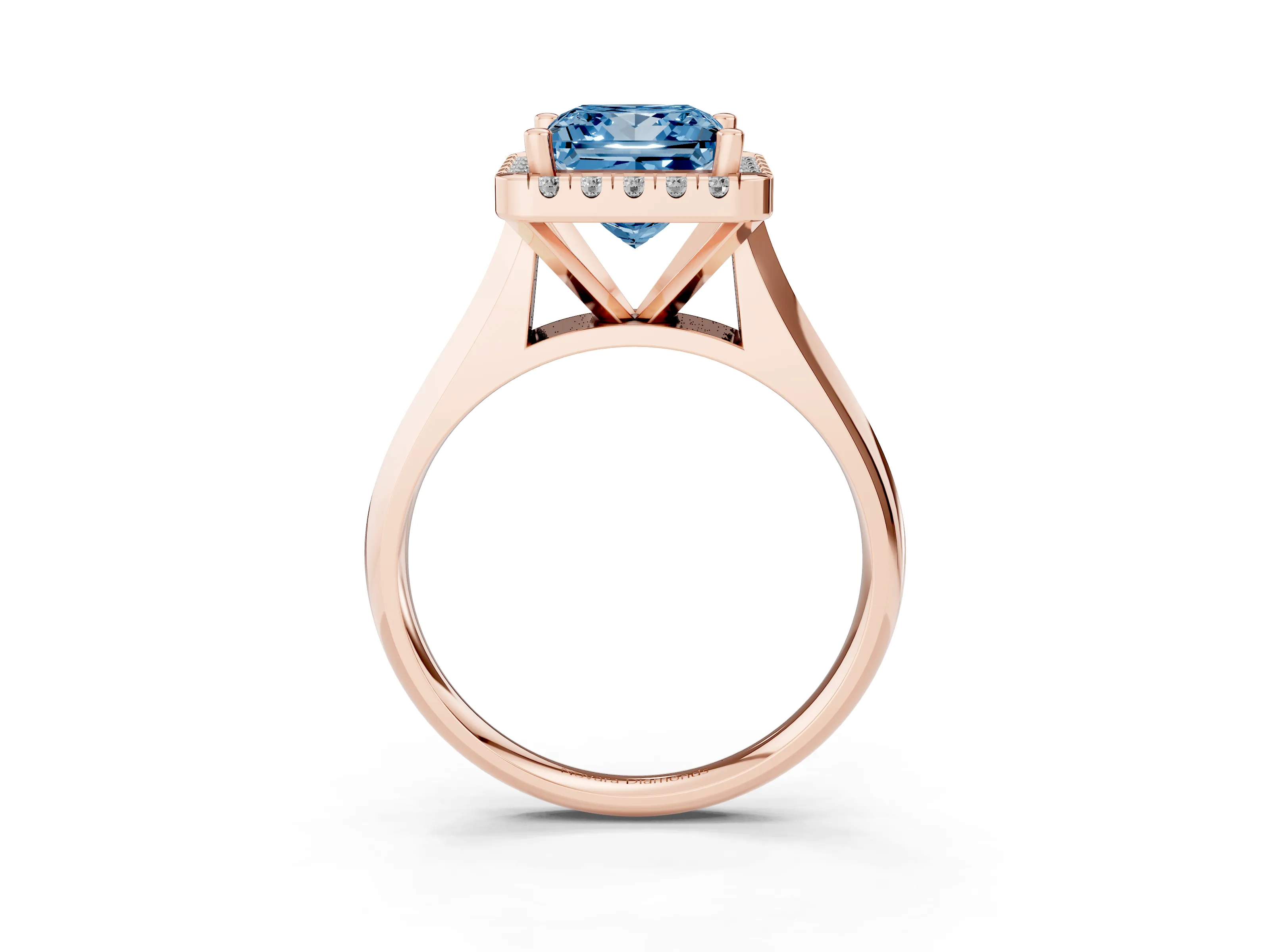 Fancy Blue Princess Cut Diamond Halo Solitaire Engagement Ring Set in Rose gold with Square Band and Prong Setting