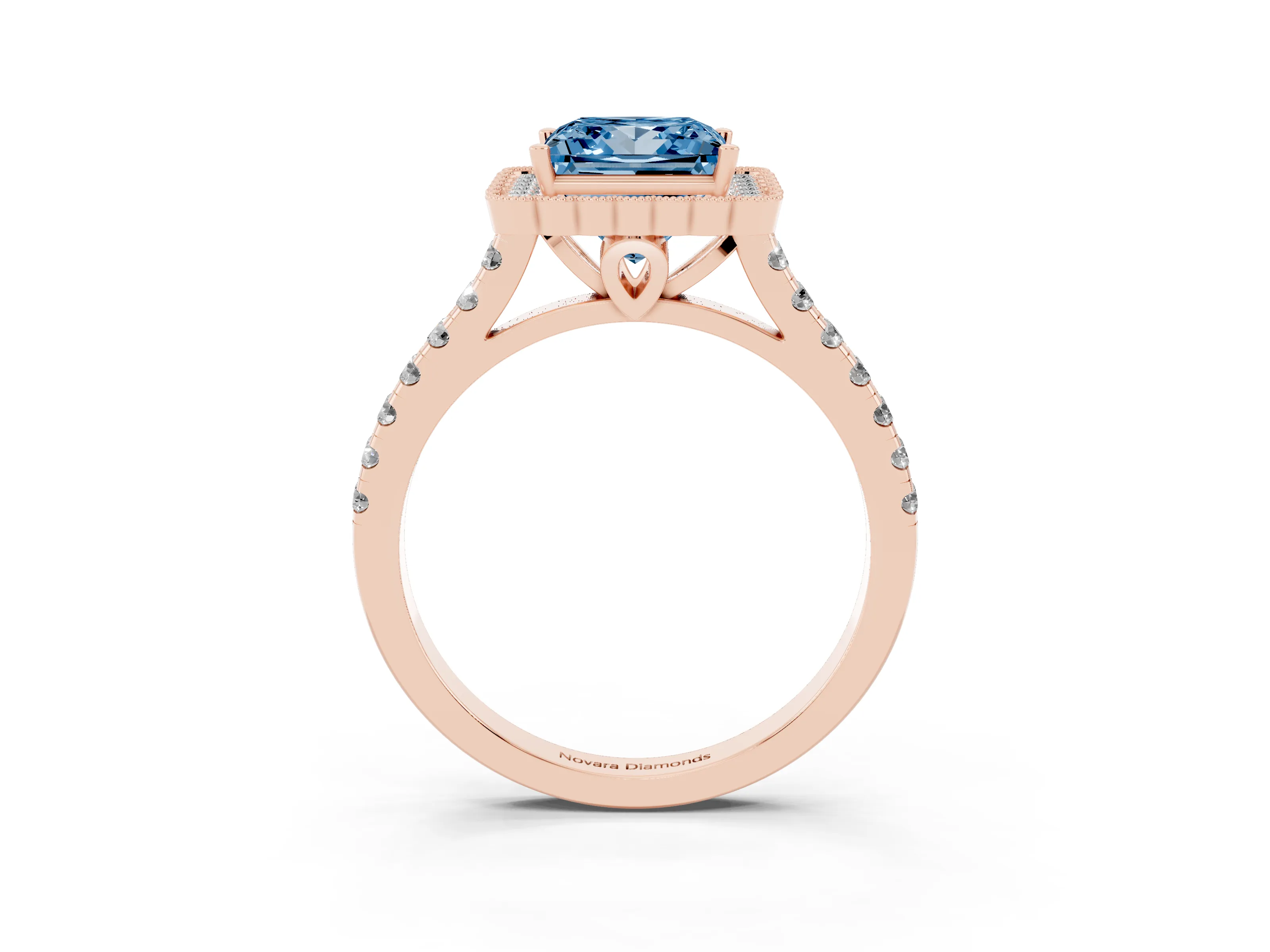 Fancy Blue Princess Cut Diamond Milgrain Floral Halo Engagement Ring Set in Rose gold with Pavé Band
