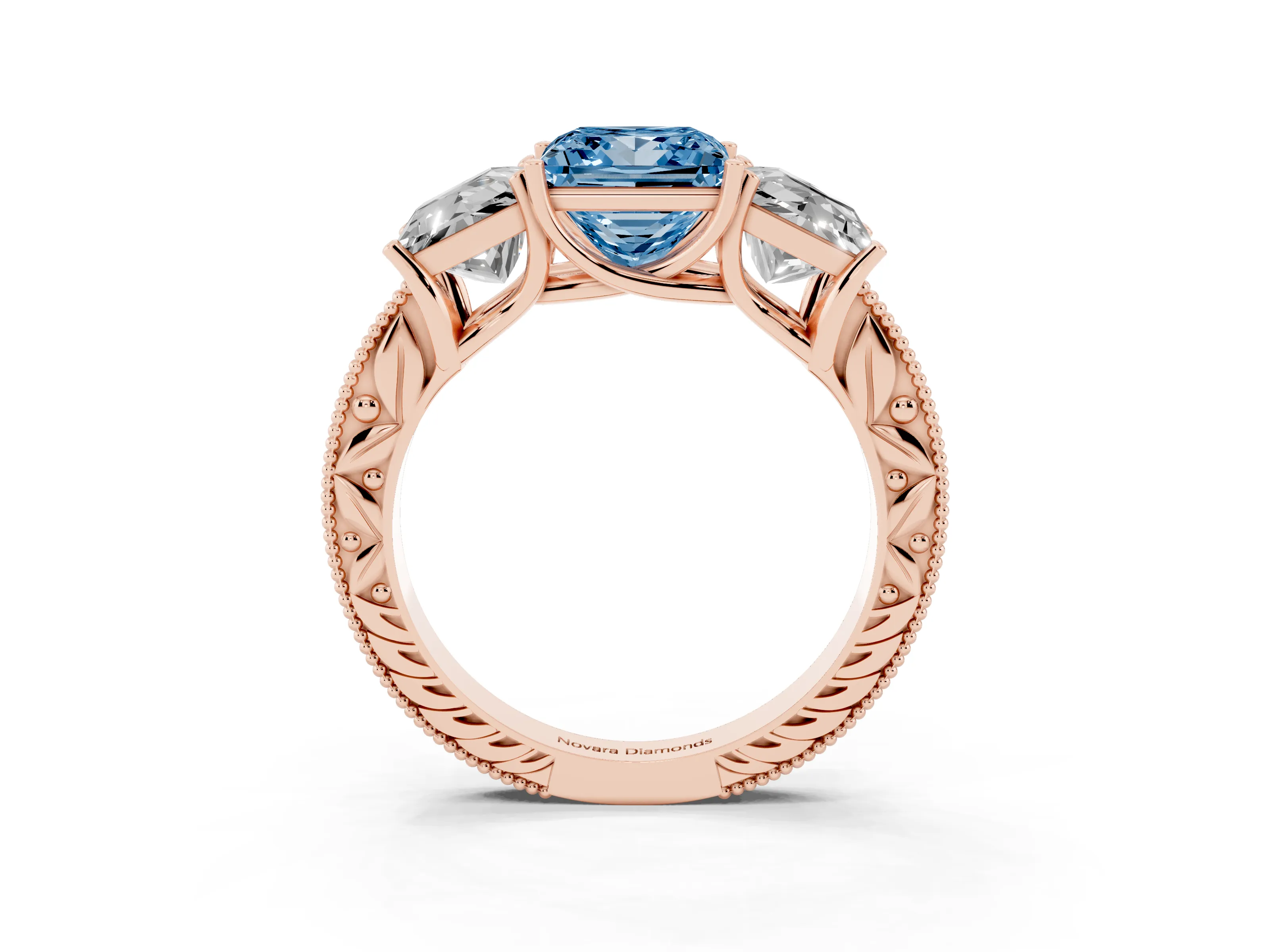 Fancy Blue Princess Cut Diamond Three-Stone Engagement Ring Set in Rose gold with Milgrain Pavé Band