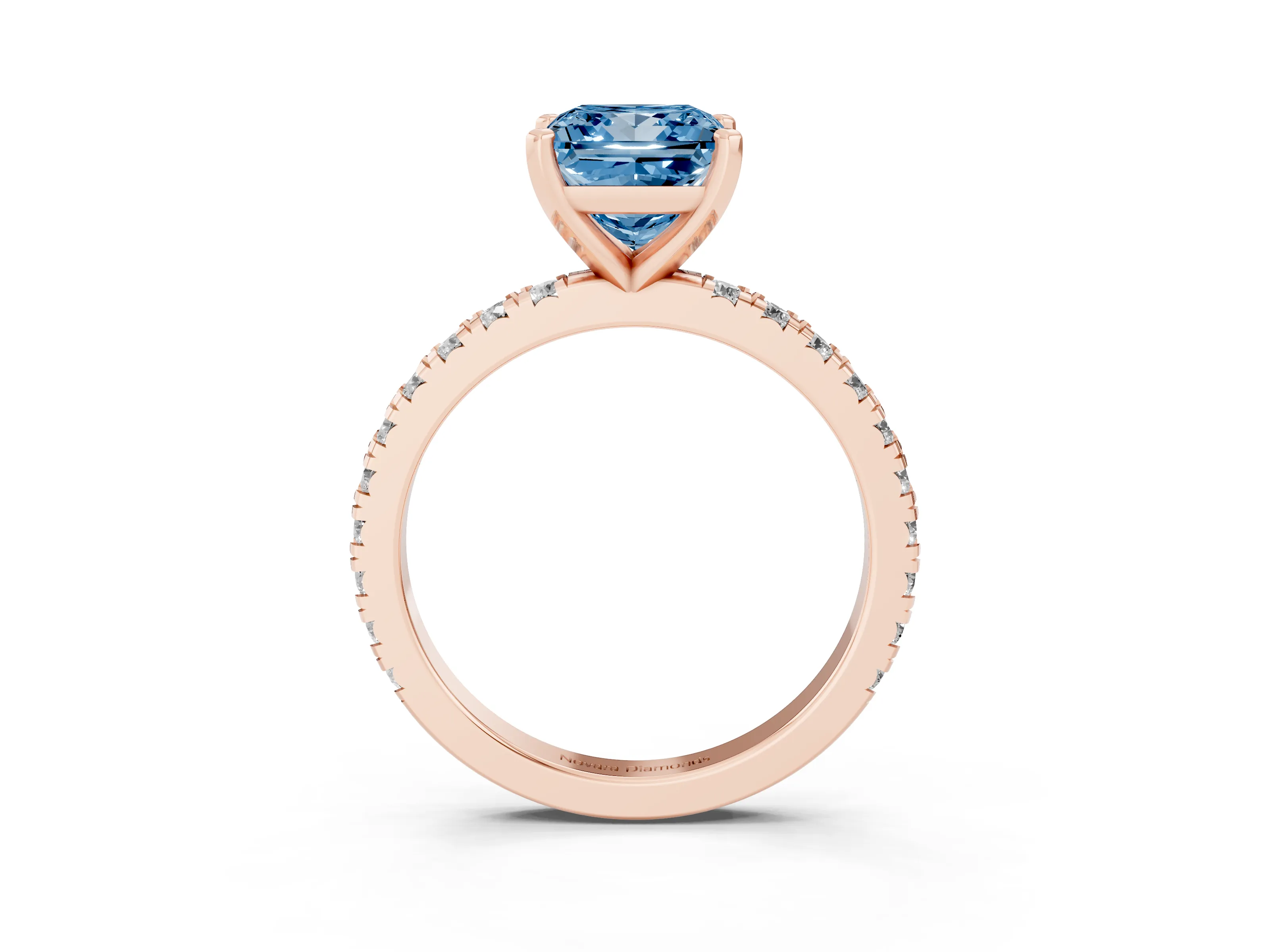 Fancy Blue Princess Cut Diamond Pavé Band Solitaire Set in Rose gold with Prong Setting