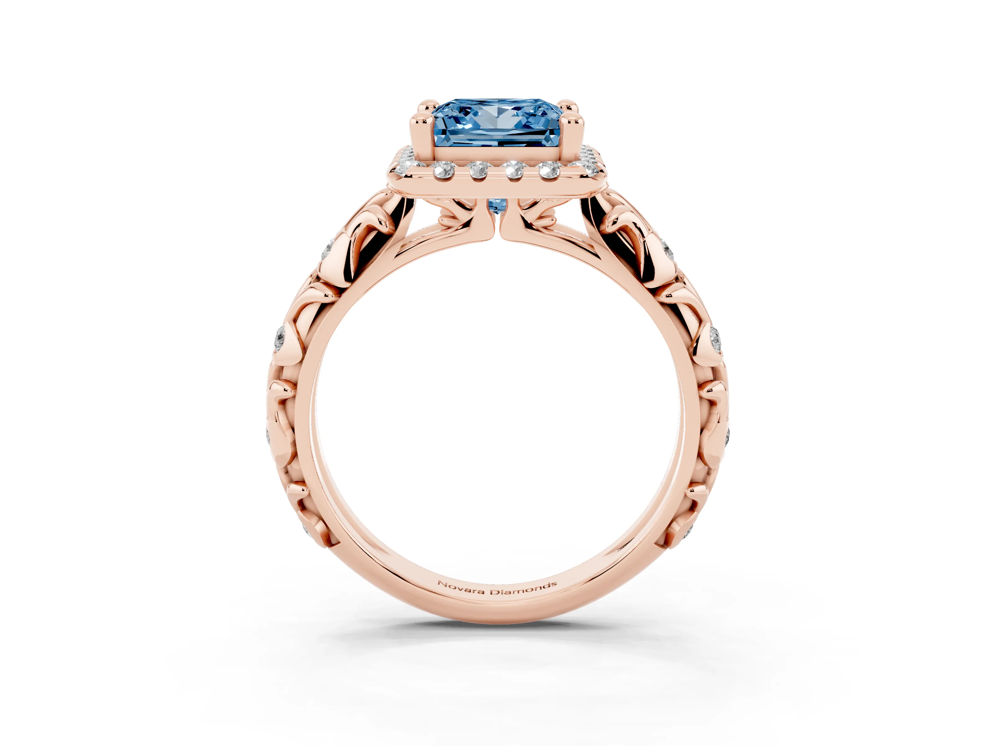 Fancy Blue Princess Cut Diamond Halo Ring Set in Rose gold with Filigree Leaf Band and Prong Setting