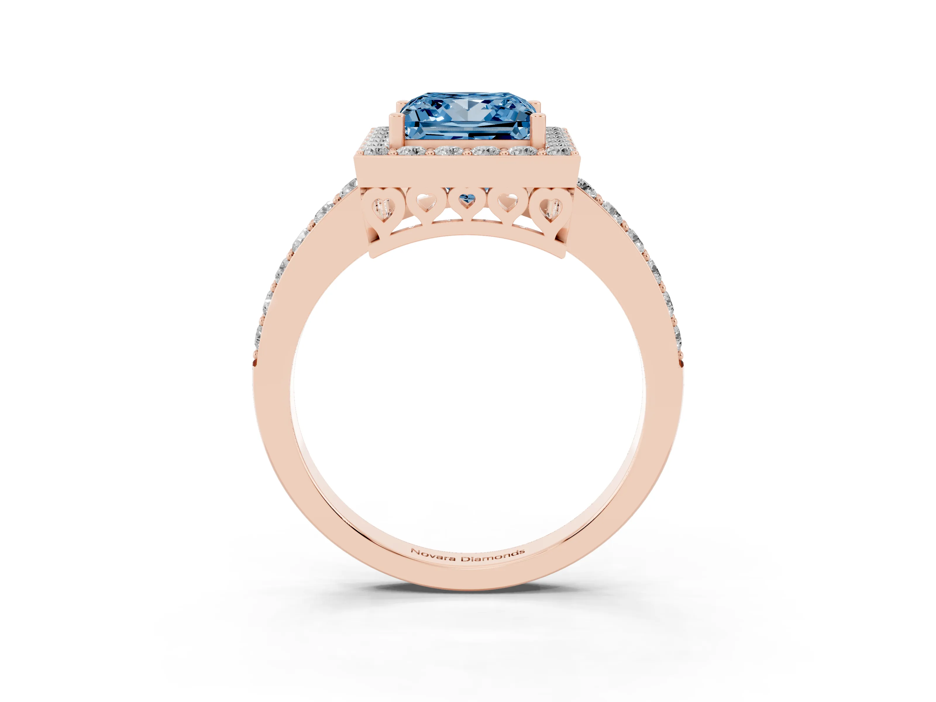 Fancy Blue Princess Cut Diamond Halo Ring Set in Rose gold with Pavé-Setting Band and Open Prong Center