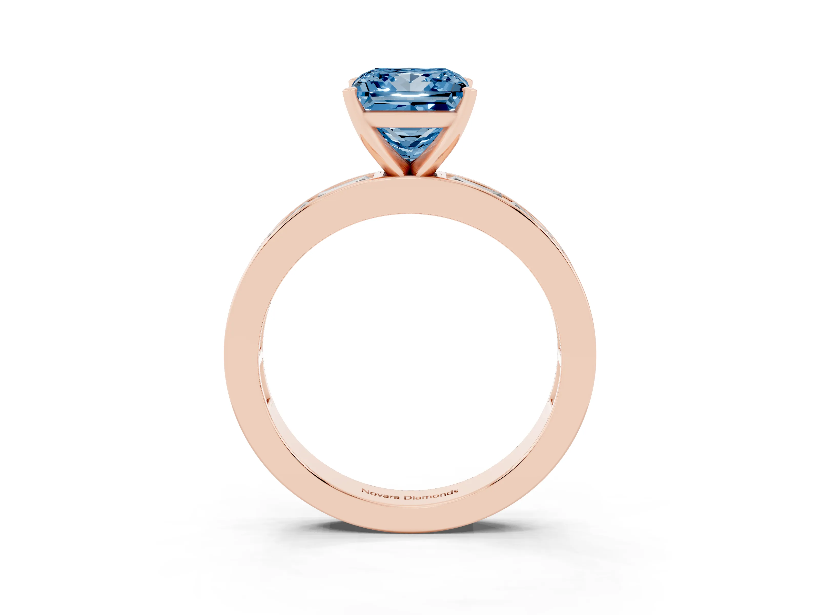 Fancy Blue Princess Cut Diamond Solitaire Ring Set in Rose gold with Channel-Set Baguette Band and Prong Setting