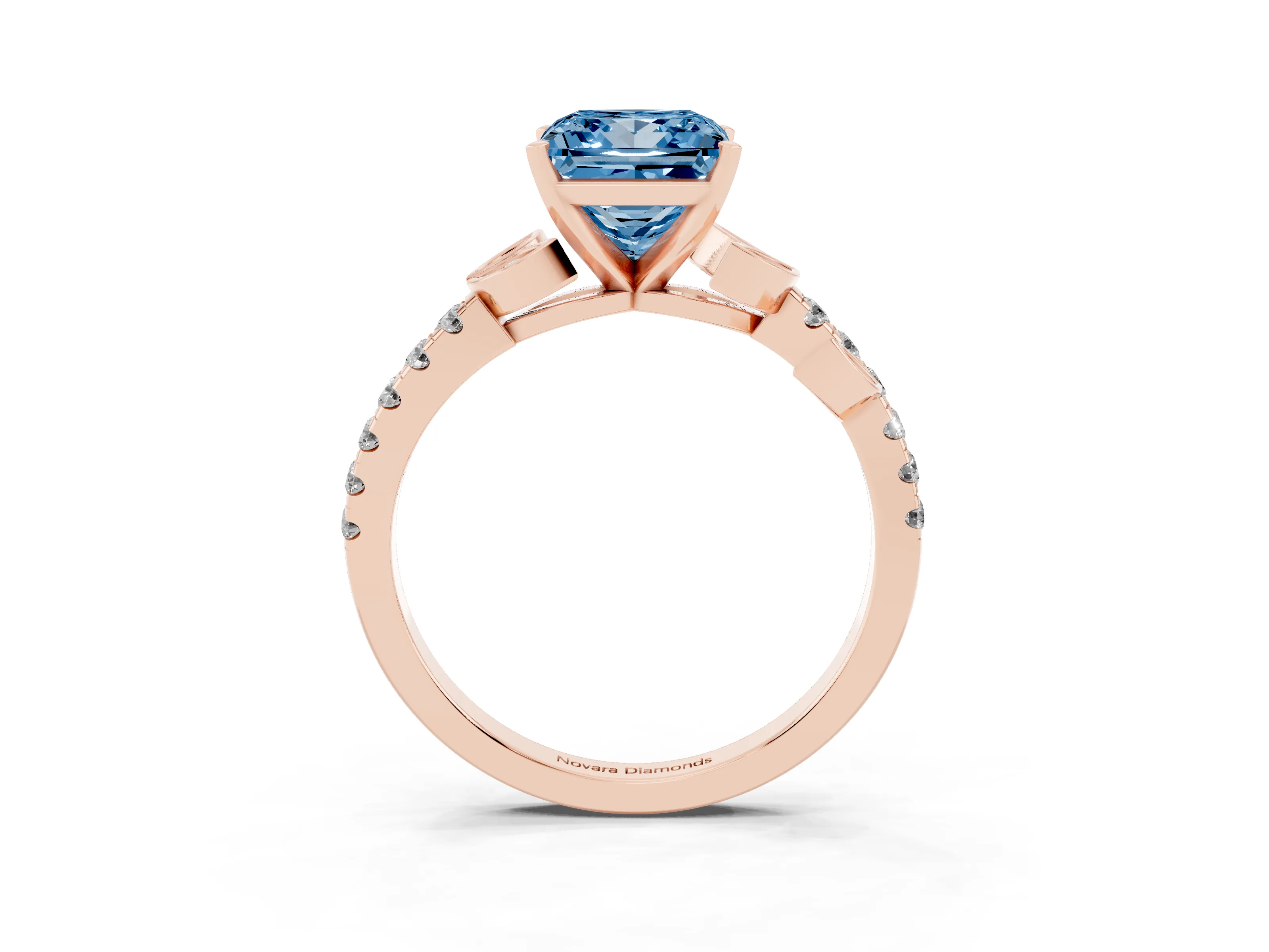 Fancy Blue Princess Cut Diamond Solitaire Leaf-Inspired Ring Set in Rose gold with Pavé Band and Prong Setting