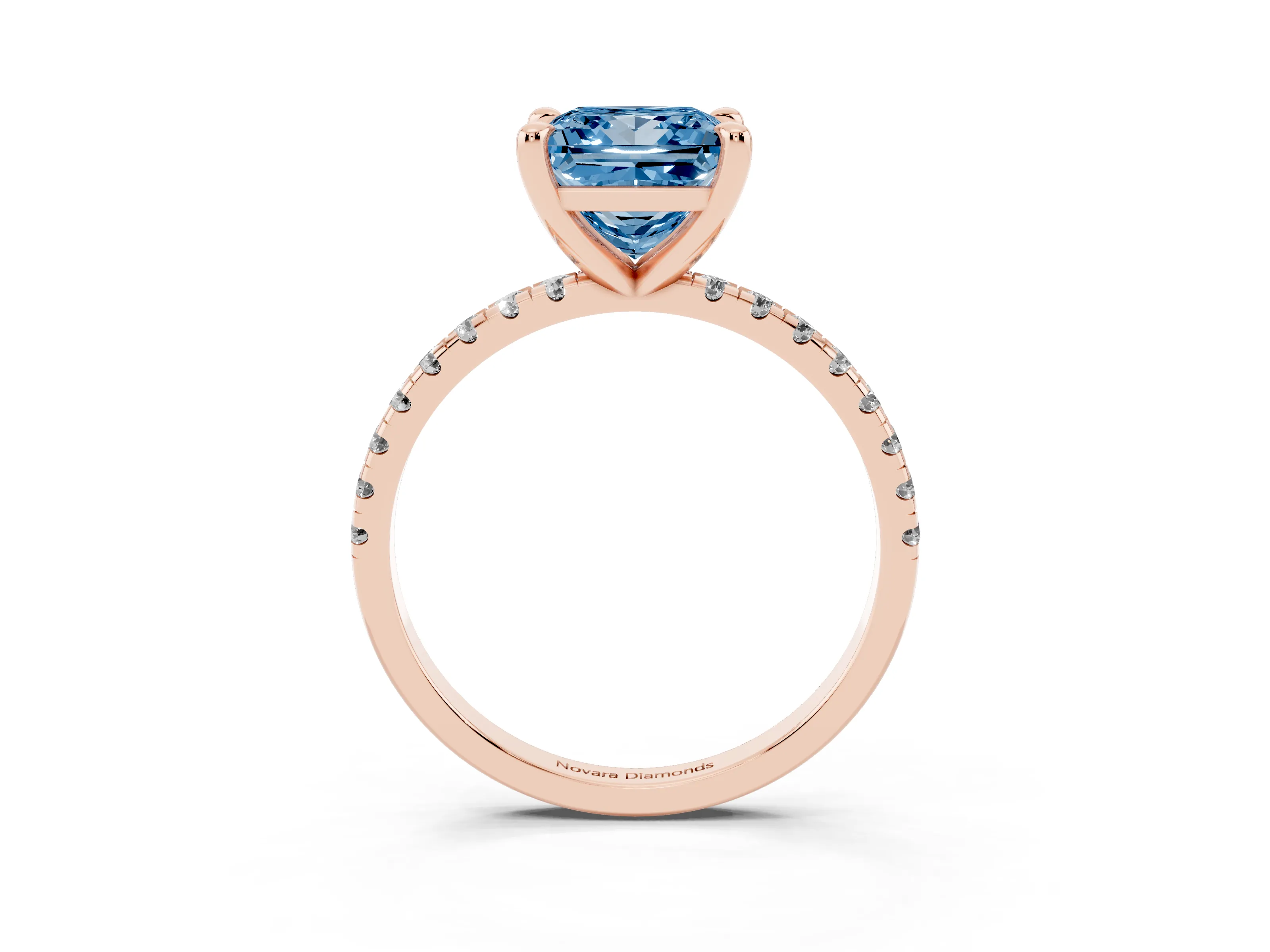 Fancy Blue Princess Cut Diamond Brilliant Solitaire Ring Set in Rose gold with Pavé Band and Prong Setting