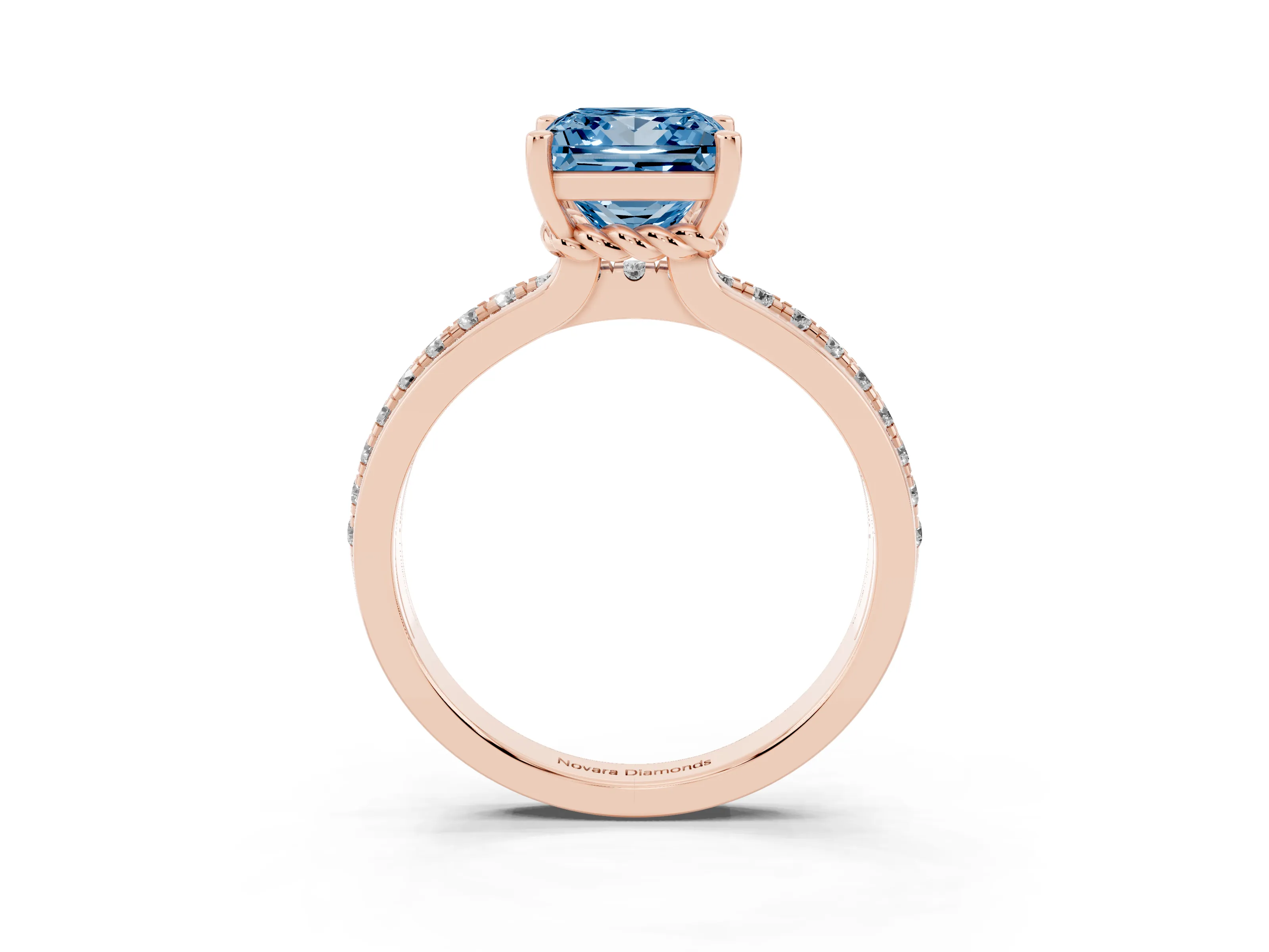 Fancy Blue Princess Cut Diamond Solitaire Ring Set in Rose gold with Channel Set Band and Prong Setting