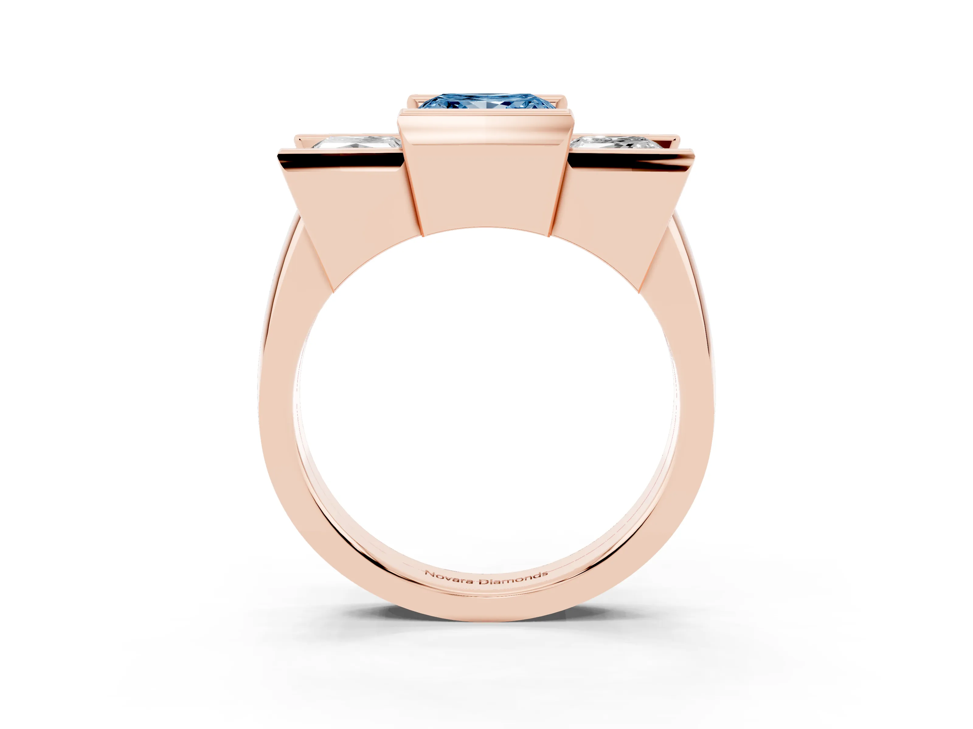 Fancy Blue Princess Cut Diamond Three-Stone Channel Set Ring Set in Rose gold with Smooth Polished Band