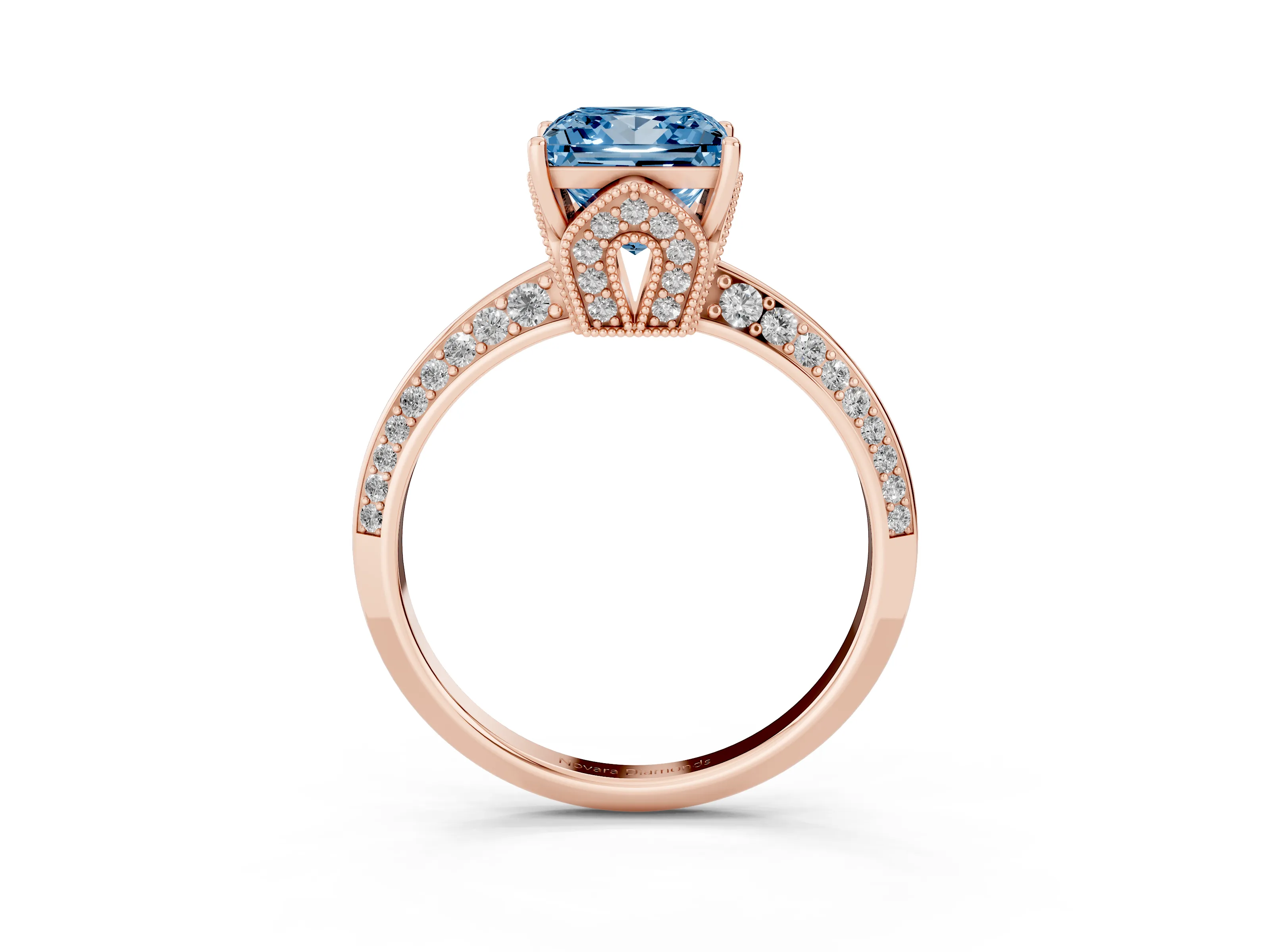 Fancy Blue Princess Cut Diamond Solitaire Engagement Ring Set in Rose gold with Pavé Split Shank and Prong Setting