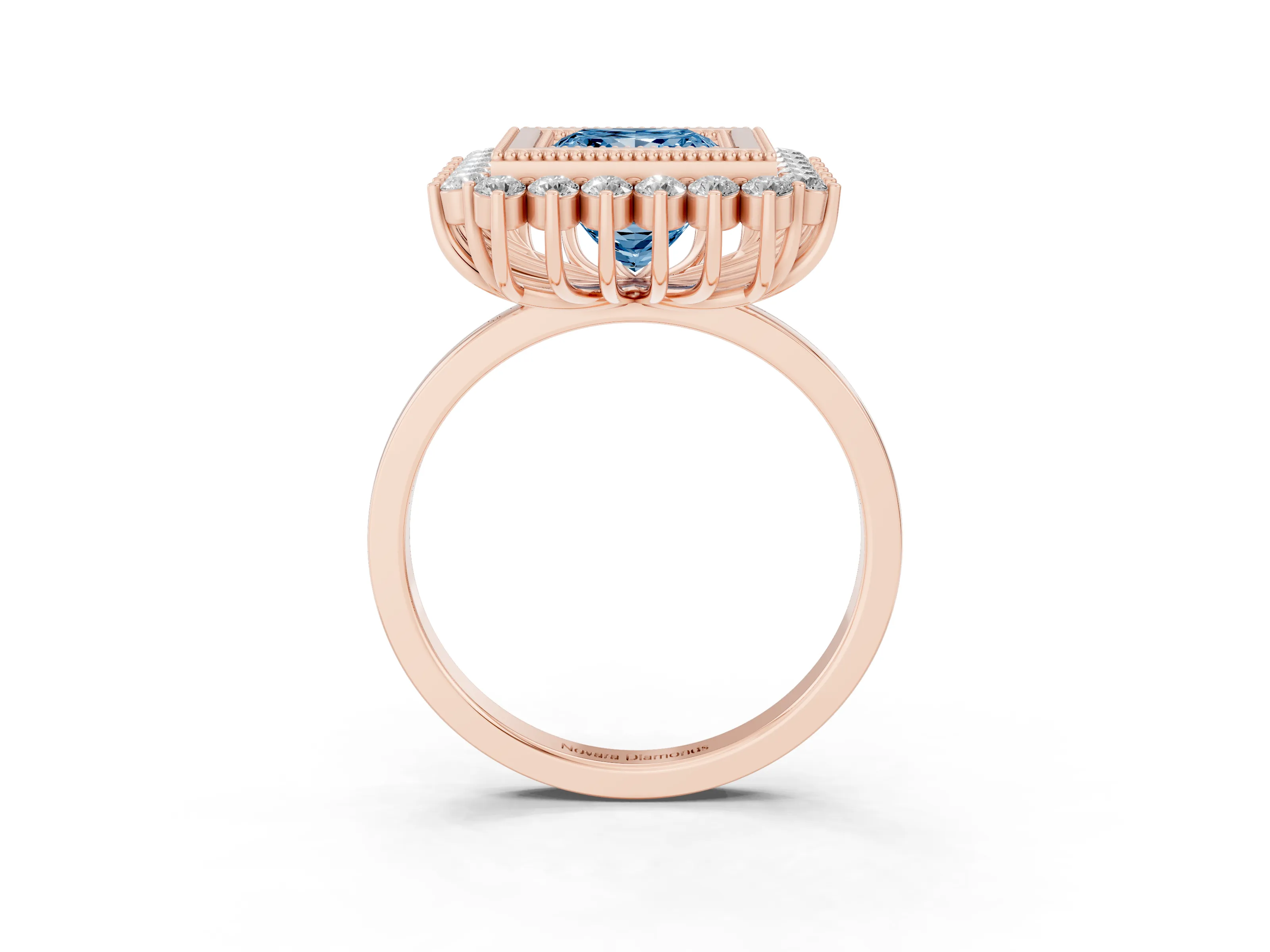 Fancy Blue Princess Cut Diamond Halo Ring Set in Rose gold with Milgrain Edge and Round Prong Setting