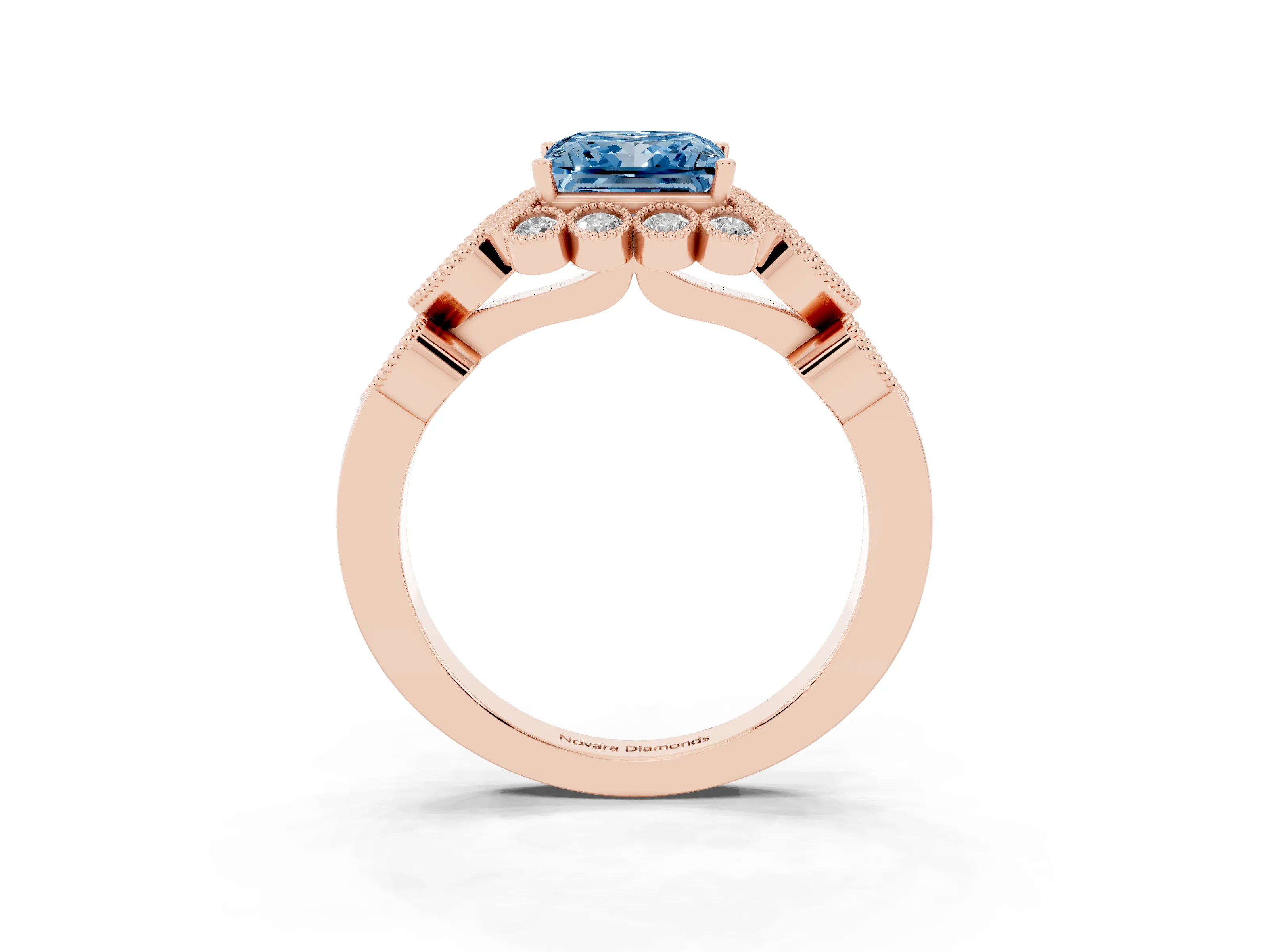 Fancy Blue Princess Cut Diamond Solitaire Ring Set in Rose gold with Milgrain Pavé Heart Band