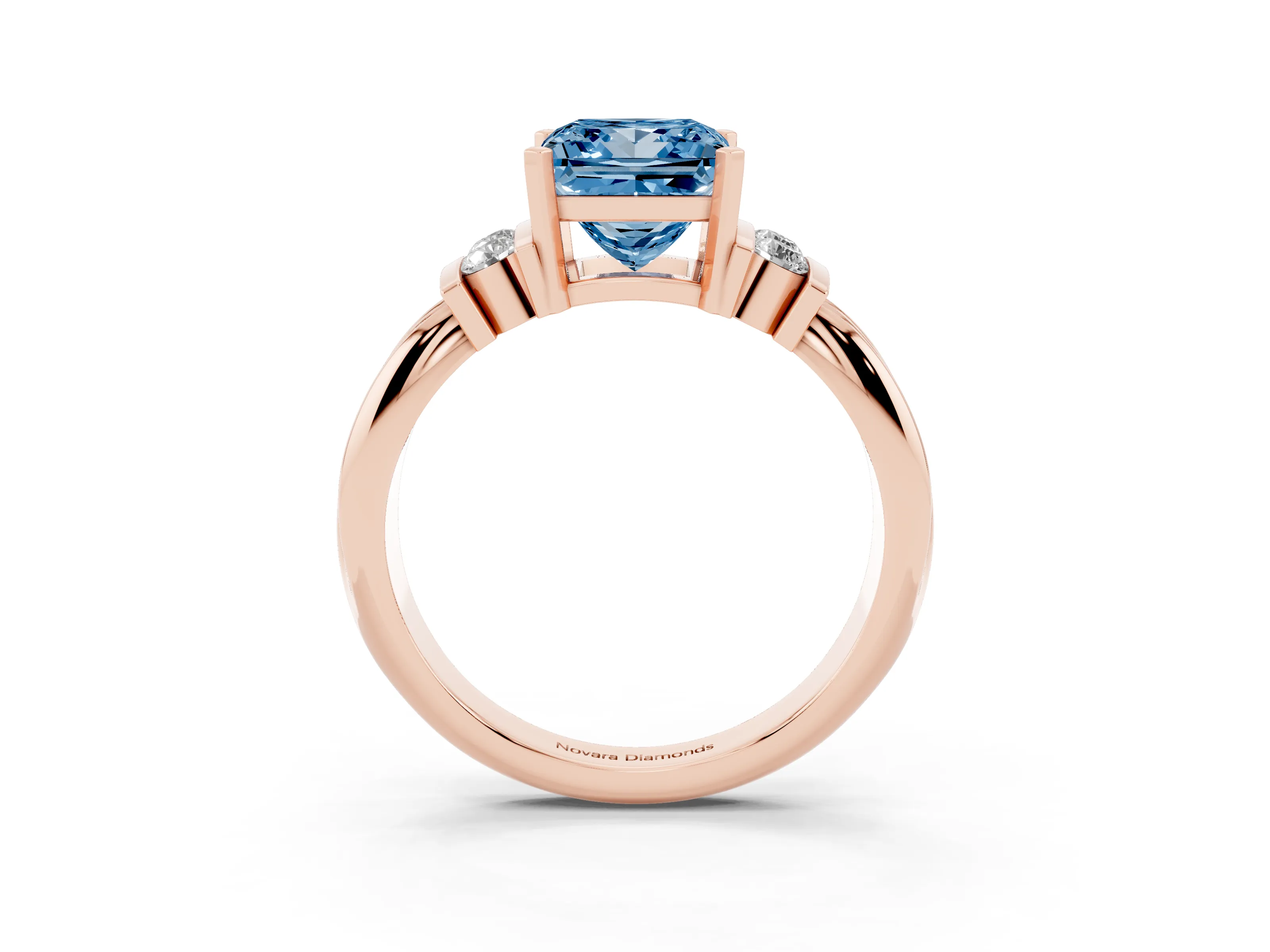 Fancy Blue Three-Stone Princess Cut Diamond Channel Set Ring Set in Rose gold with Bar Prongs