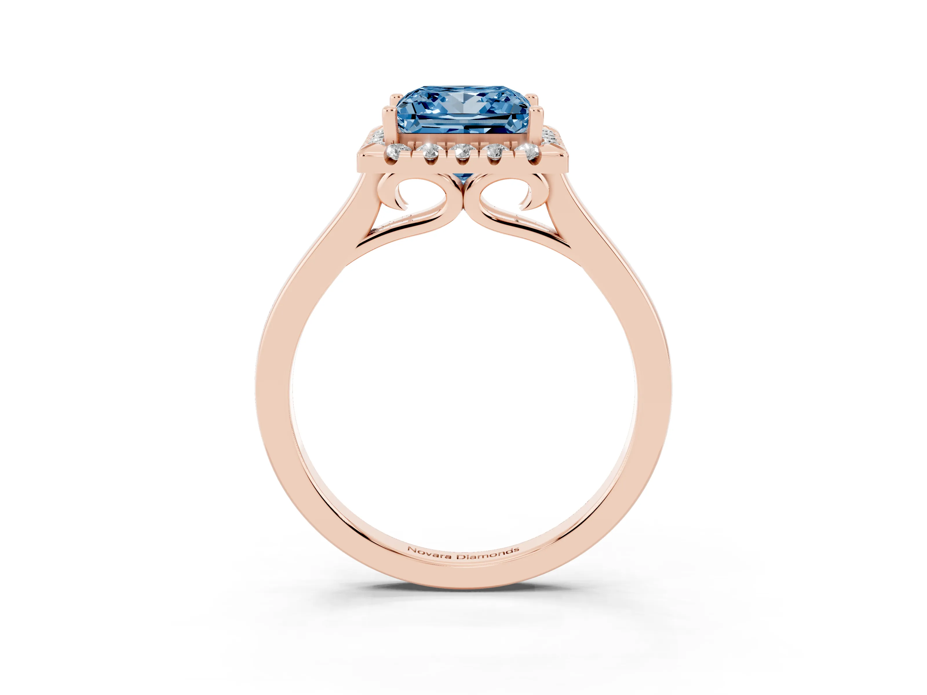 Fancy Blue Princess Cut Halo Round Diamond Solitaire Ring Set in Rose gold with Pavé Band and Prong Setting