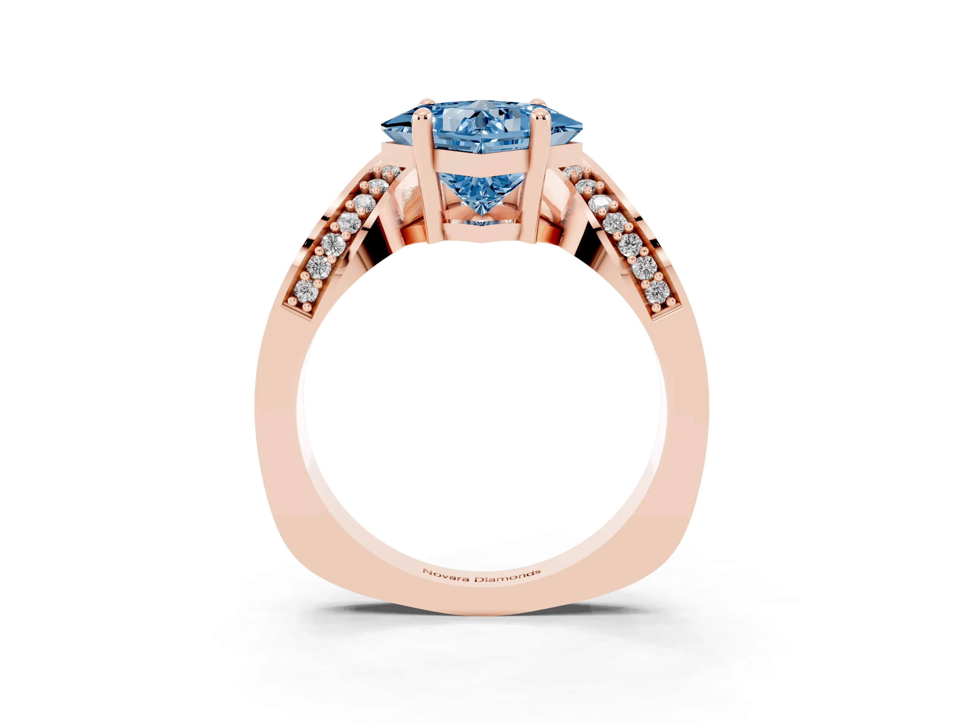 Fancy Blue Princess Cut Diamond Solitaire Engagement Ring Set in Rose gold with Pavé Shoulders
