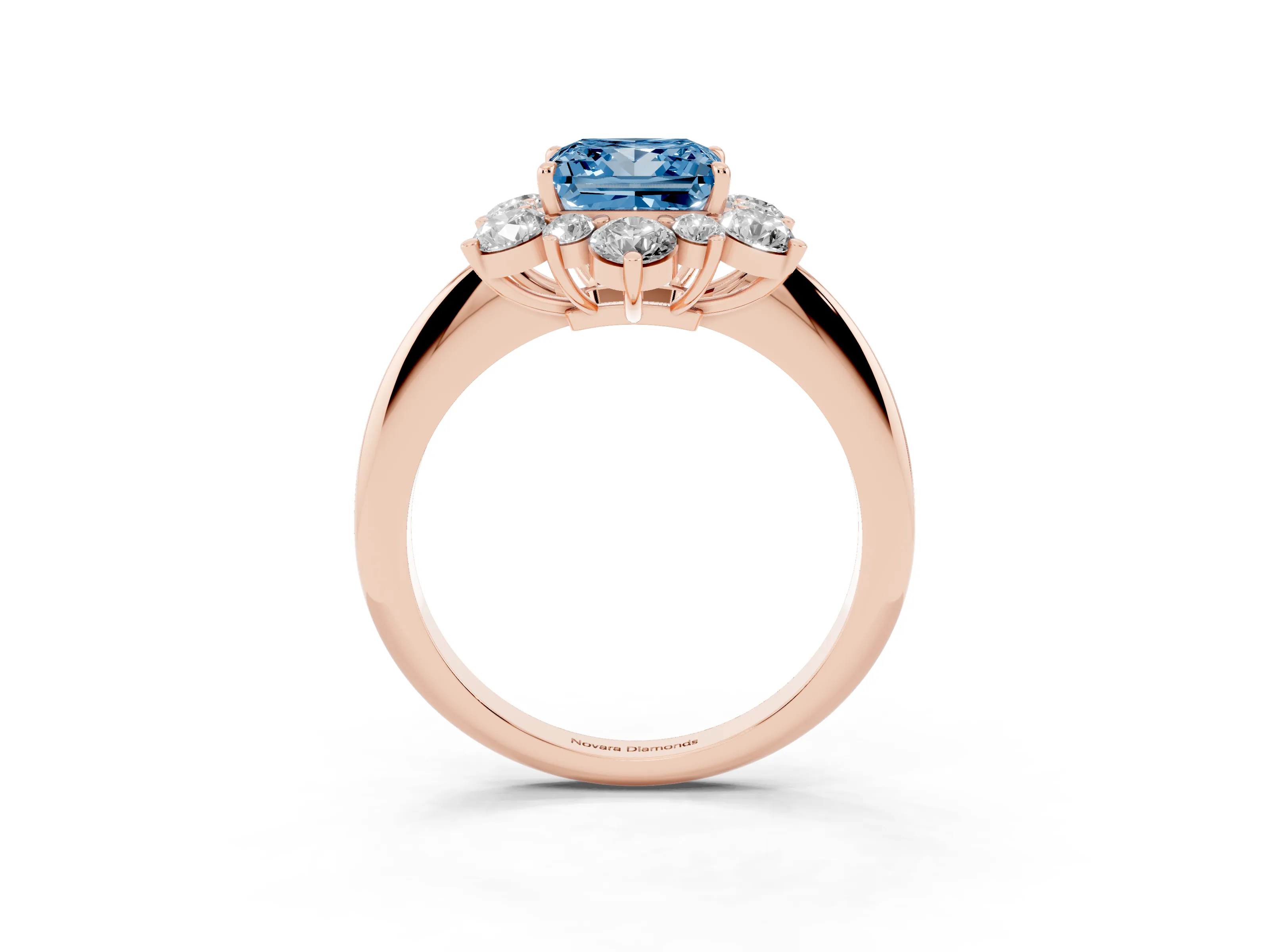 Fancy Blue Princess Cut Diamond Cluster Halo Ring Set in Rose gold with Solitaire Band and Prong Setting