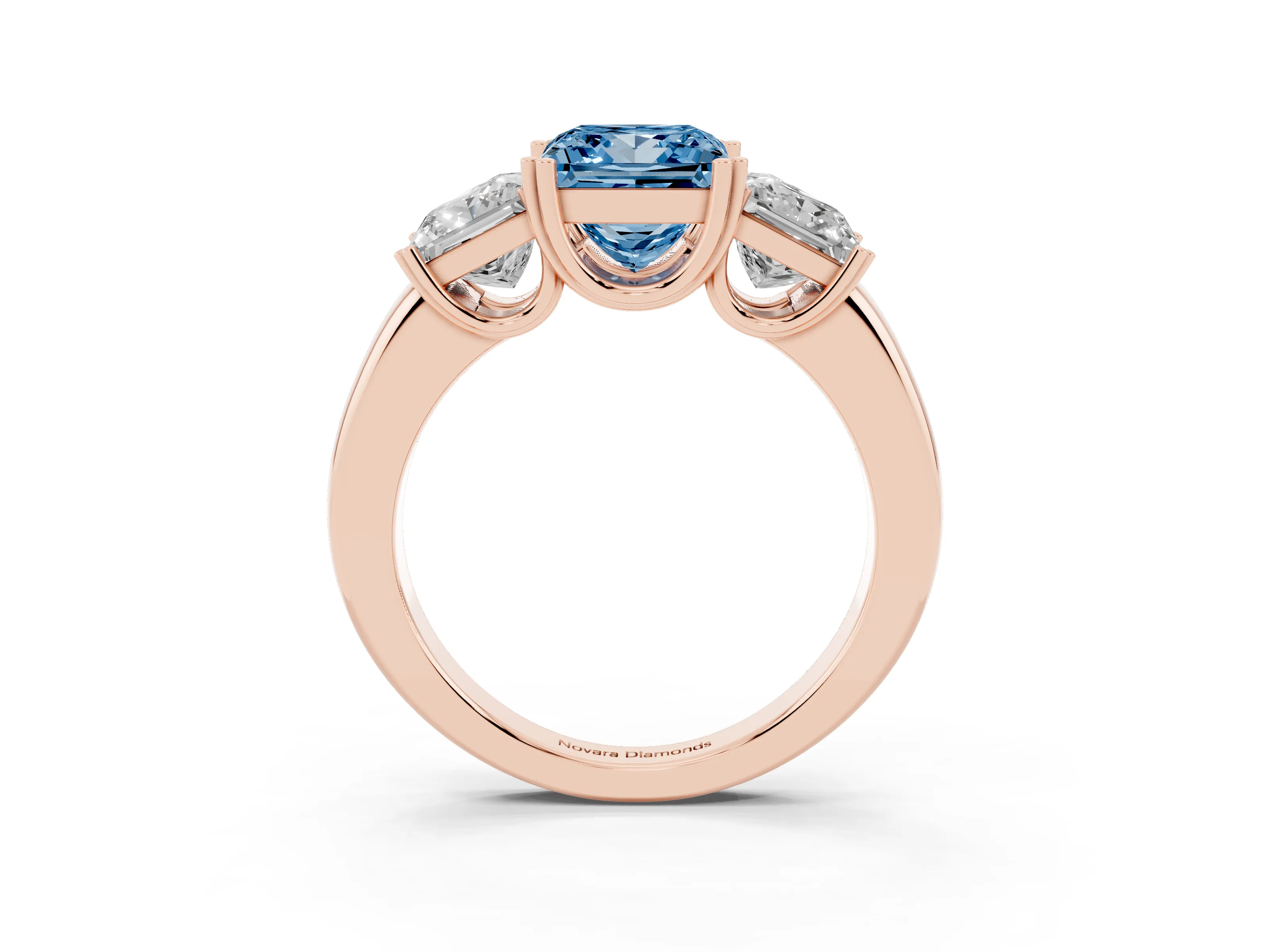 Fancy Blue Princess Cut Diamond Three-Stone Ring Set in Rose gold with Polished Channel-Set Band