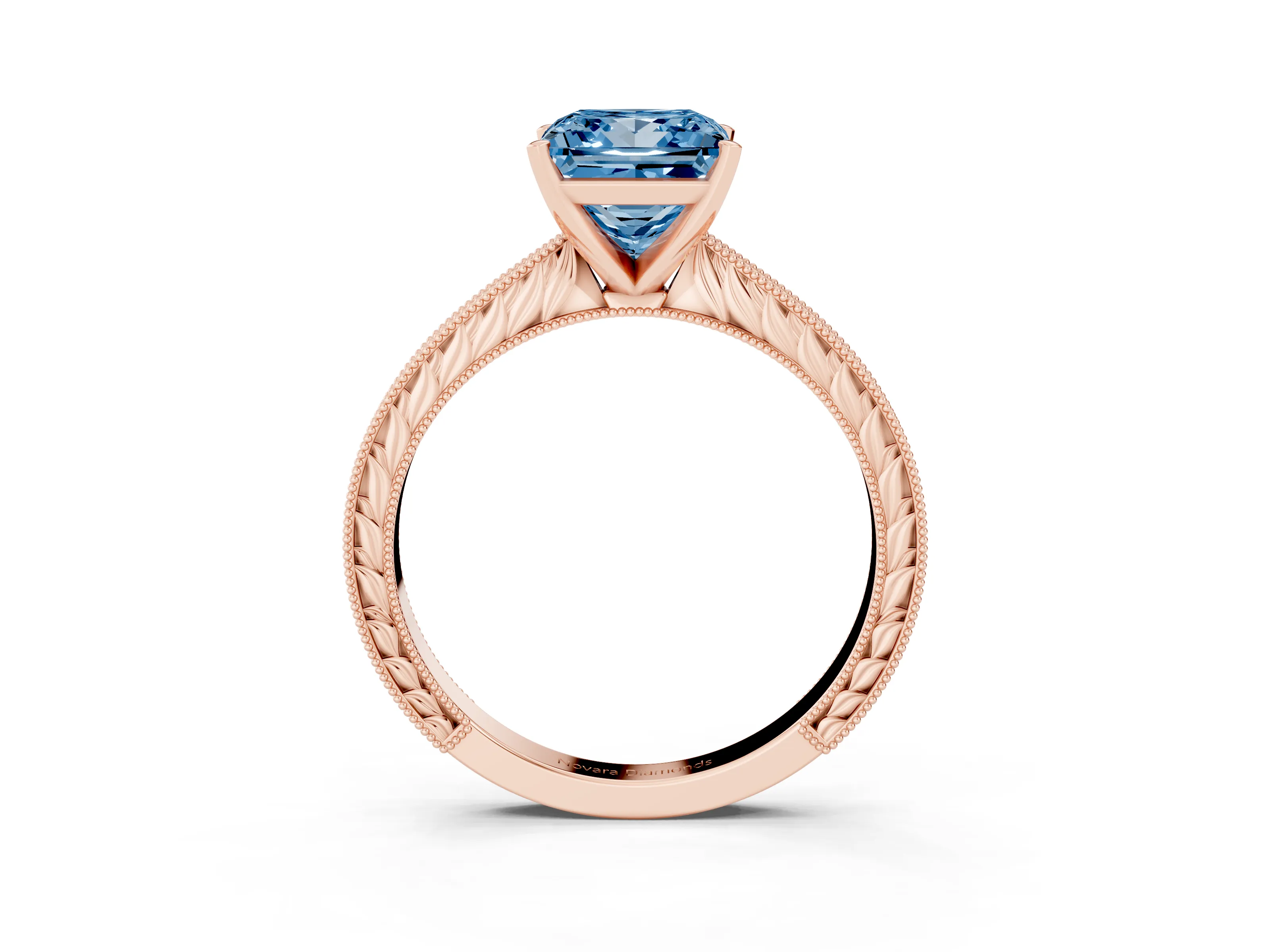 Fancy Blue Princess Cut Diamond Solitaire Milgrain Engraved Band Set in Rose gold with Prong Setting