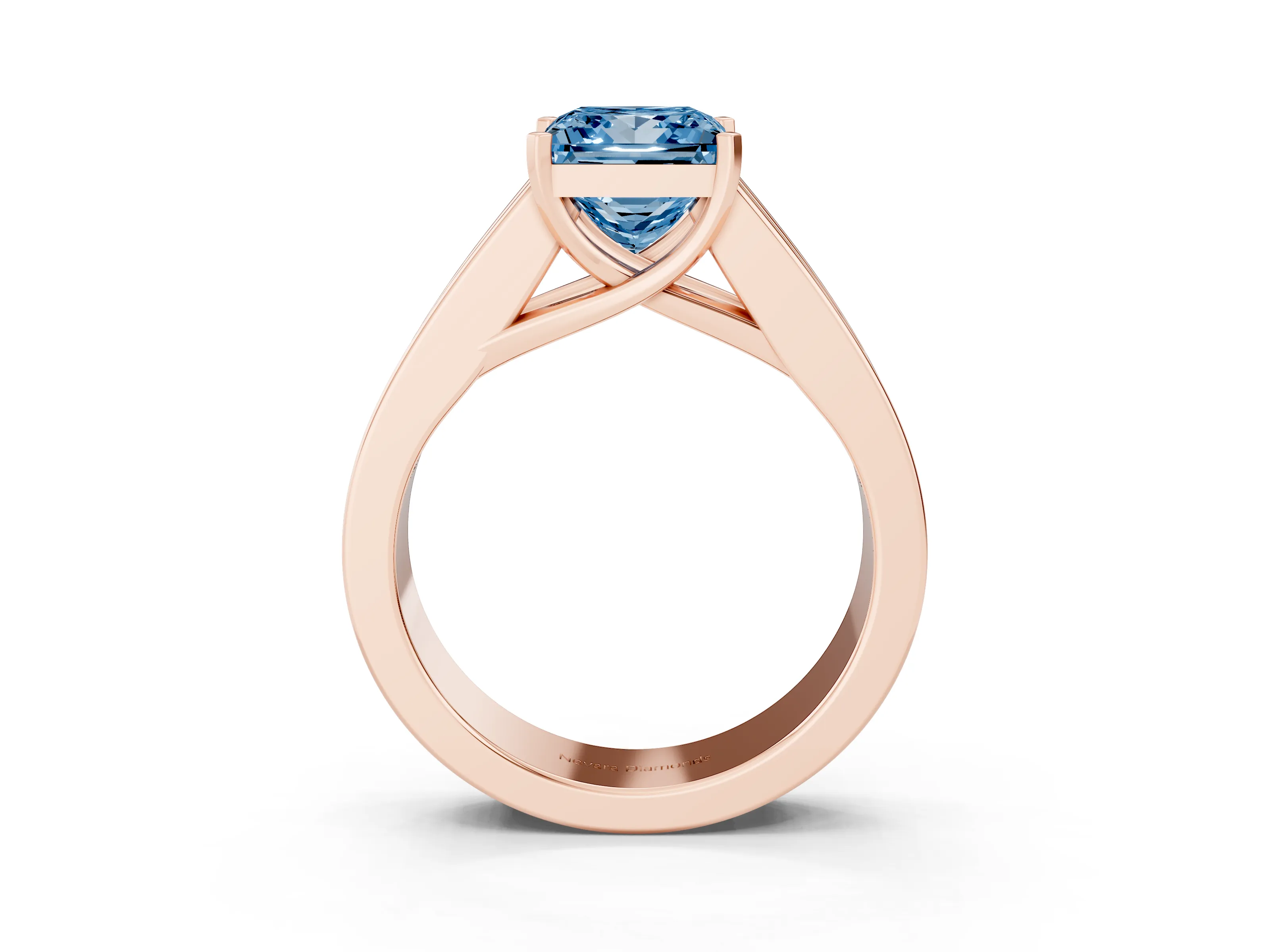 Fancy Blue Princess Cut Diamond Solitaire Ring Set in Rose gold with Channel-Set Accent Stones and Prong Setting