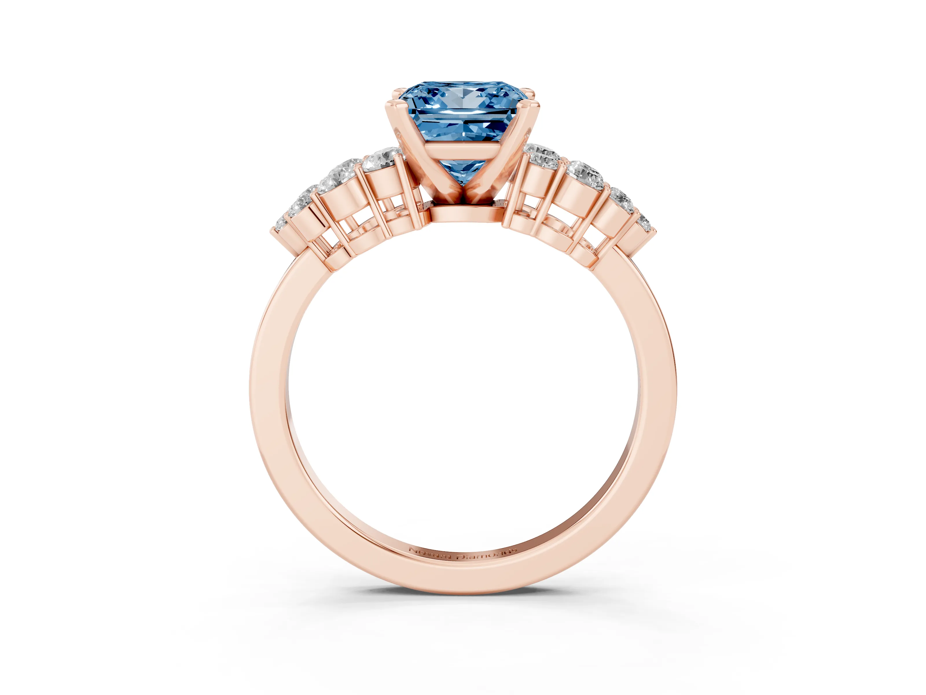 Fancy Blue Princess Cut Diamond Cluster Engagement Ring Set in Rose gold with Pavé Band and Prong Setting