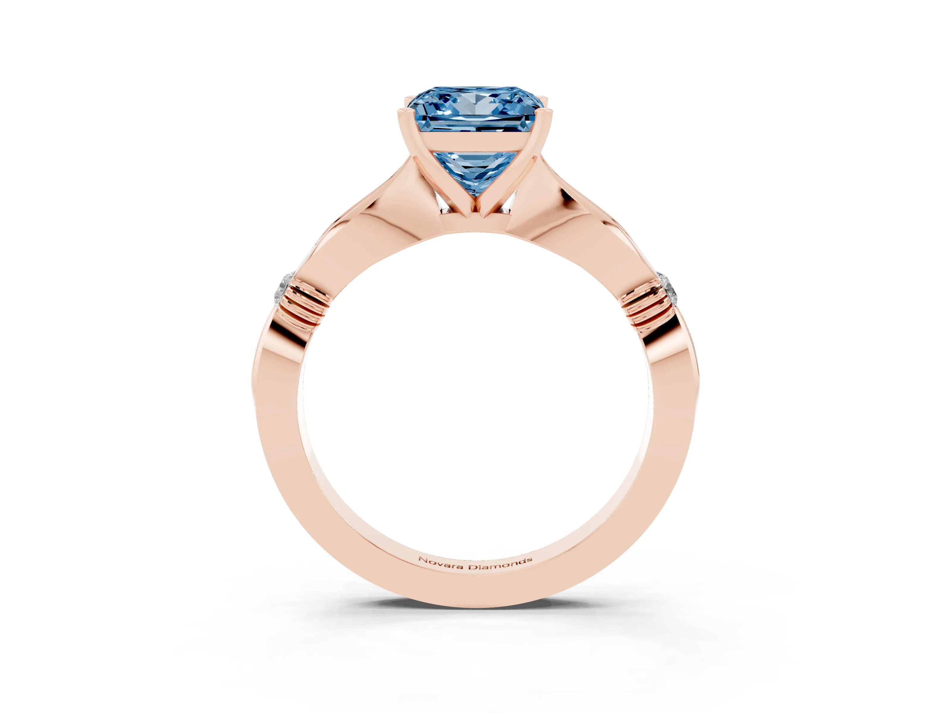 Fancy Blue Princess Cut Diamond Solitaire Twisted Band Ring Set in Rose gold with Accent Stones and Prong Setting