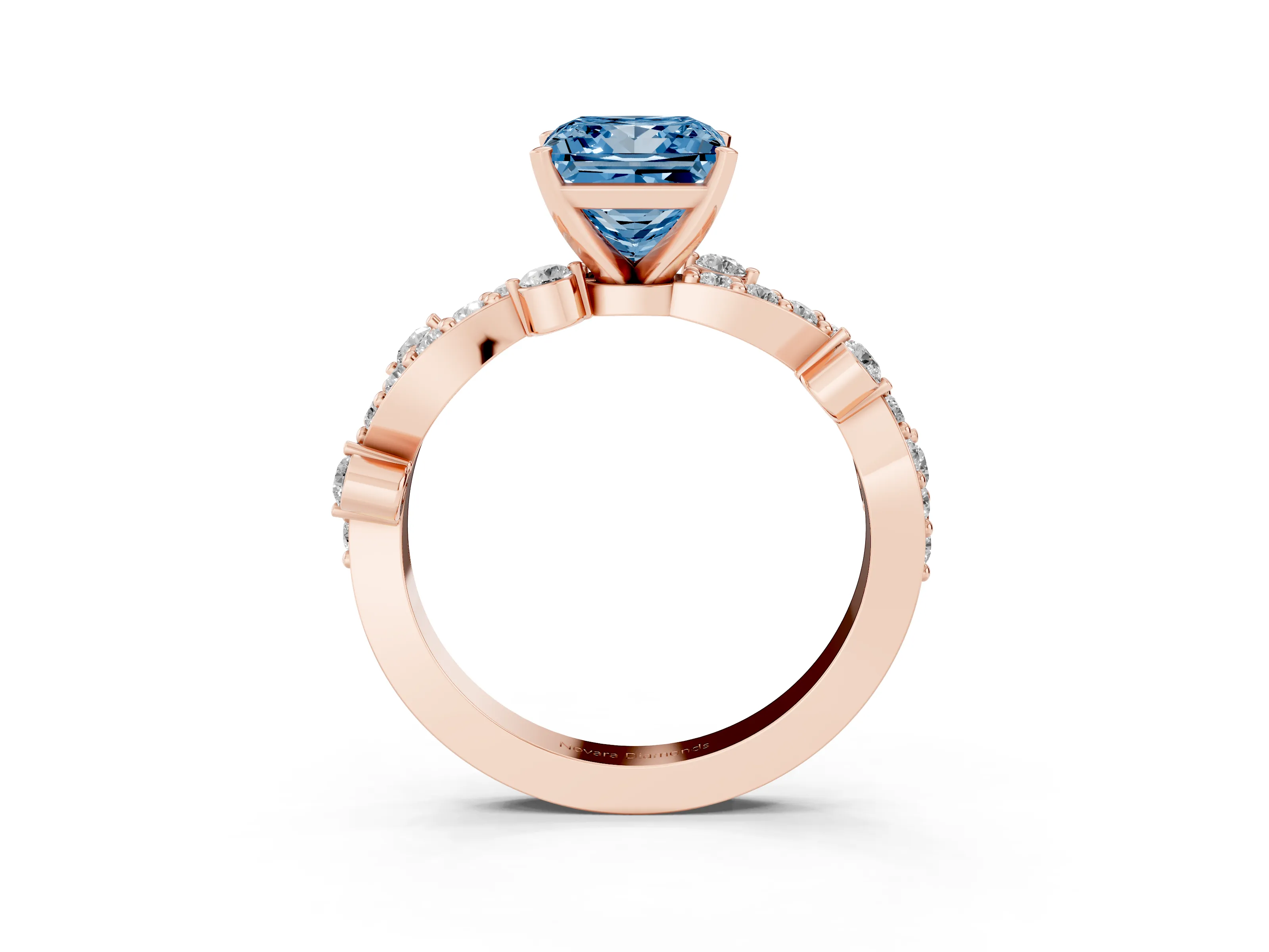 Fancy Blue Princess Cut Diamond Solitaire Twisted Band Set in Rose gold with Pavé Setting