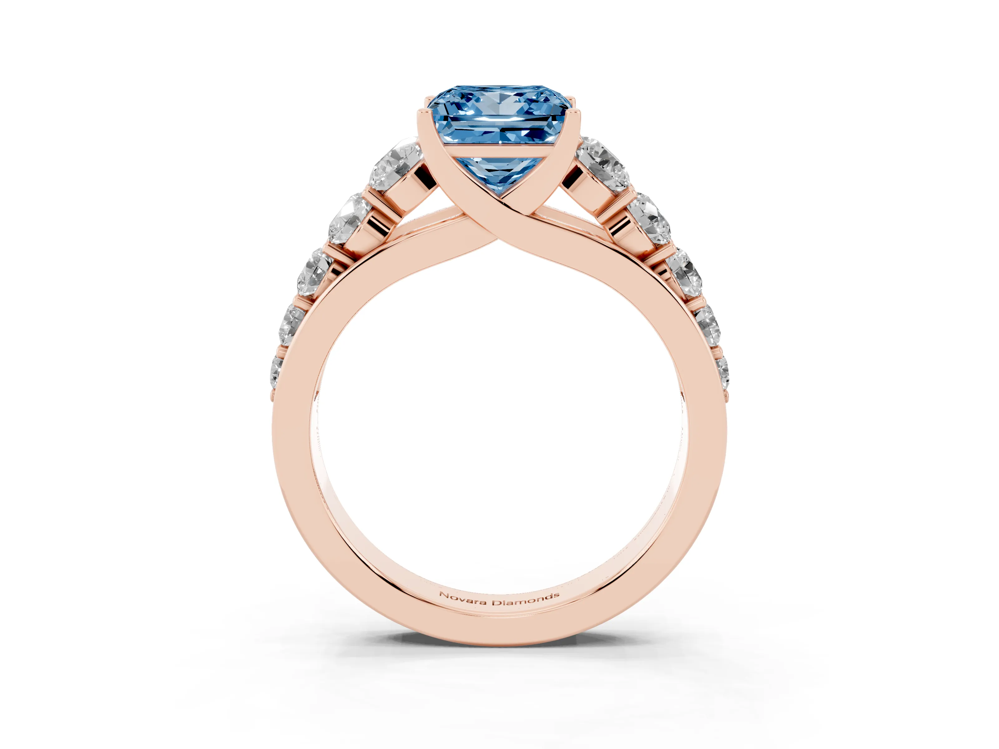 Fancy Blue Princess Cut Diamond Solitaire Ring Set in Rose gold with Pavé-Set Band and Prong Setting