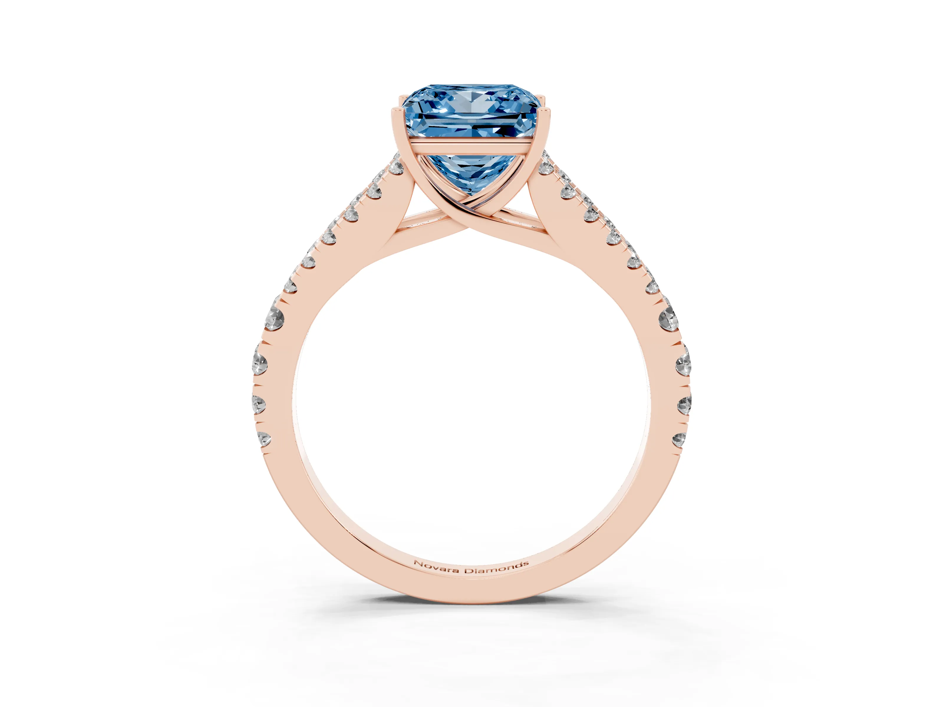 Fancy Blue Princess Cut Diamond Split Shank Pavé Engagement Ring Set in Rose gold with Prong-Held Center Stone