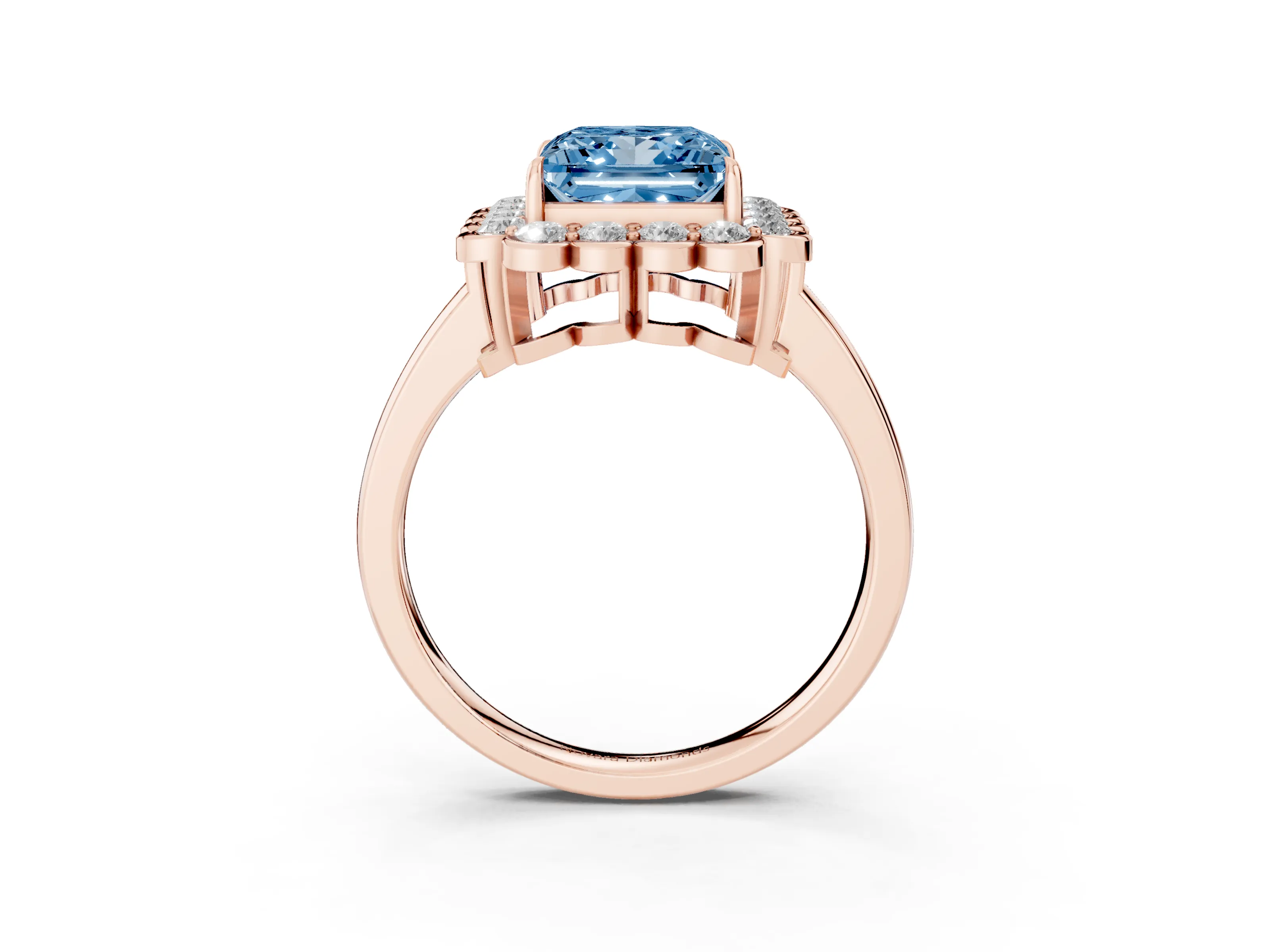 Fancy Blue Princess Cut Diamond Halo Cluster Engagement Ring Set in Rose gold with Solitaire Band and Prong Setting