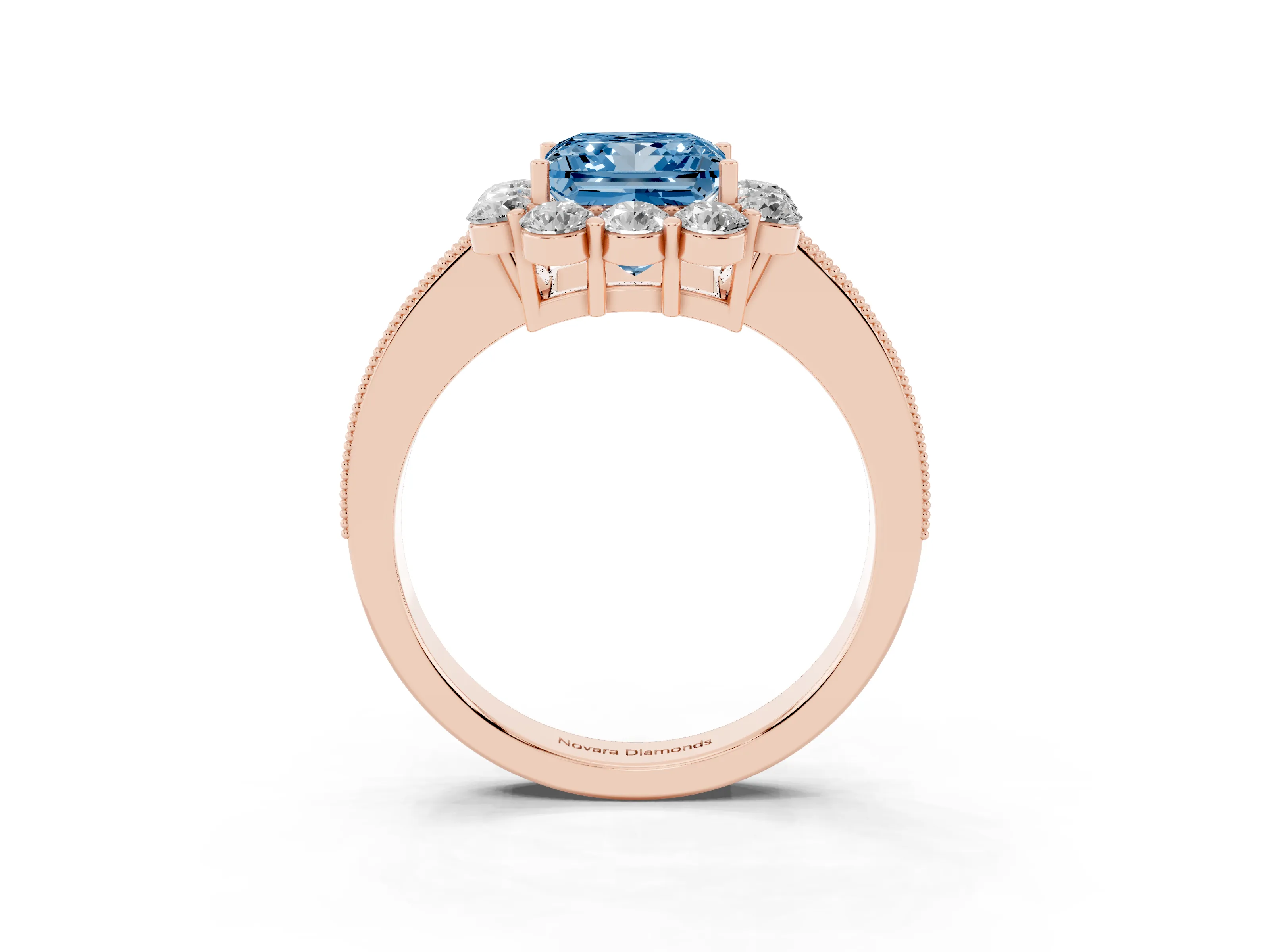 Fancy Blue Princess Cut Diamond Halo Pavé Engagement Ring Set in Rose gold with Milgrain Detailing